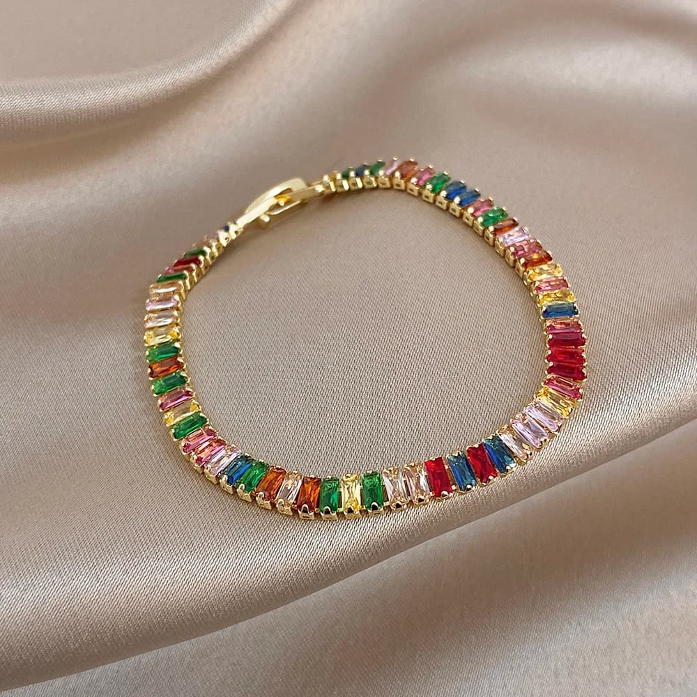 Greatera Trendy Rainbow Colorful Rhinestone Row Bracelet For Women Charm Delicacy Unique Waterproof Watch Buckle Bangle Jewelry