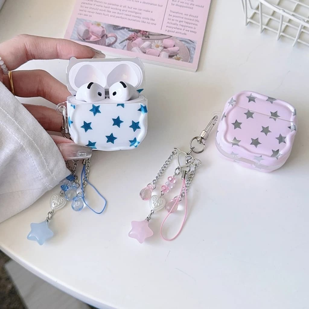 Custodia Protettiva Antiurto per Auricolari AirPods 1 o 2 3 4 Pro 2 Pro 3, alla Moda, Rosa e Blu, con Stelle Dorate e Bordo Ondulato, con Ciondolo