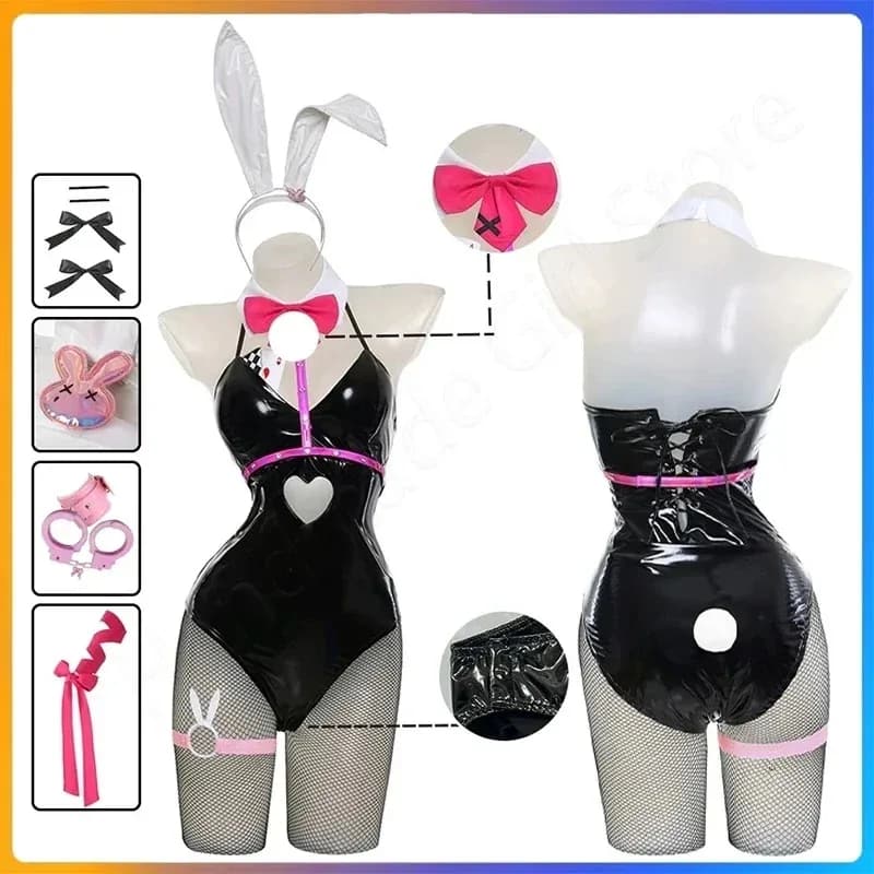 Anime Miku Coniglio Foro Cosplay Coniglietta in pelle nera Sexy carino Halloween Costume cosplay Copricapi Vestiti Archi Parrucca ragazza