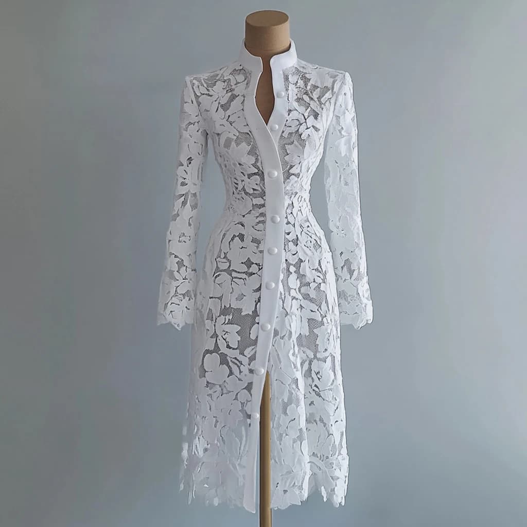 Women's Lace Dress for Women Fall Stand Collar Single Breasted Long Sleeve Coat Midi Dress See Through Elegant Sweet Dresses