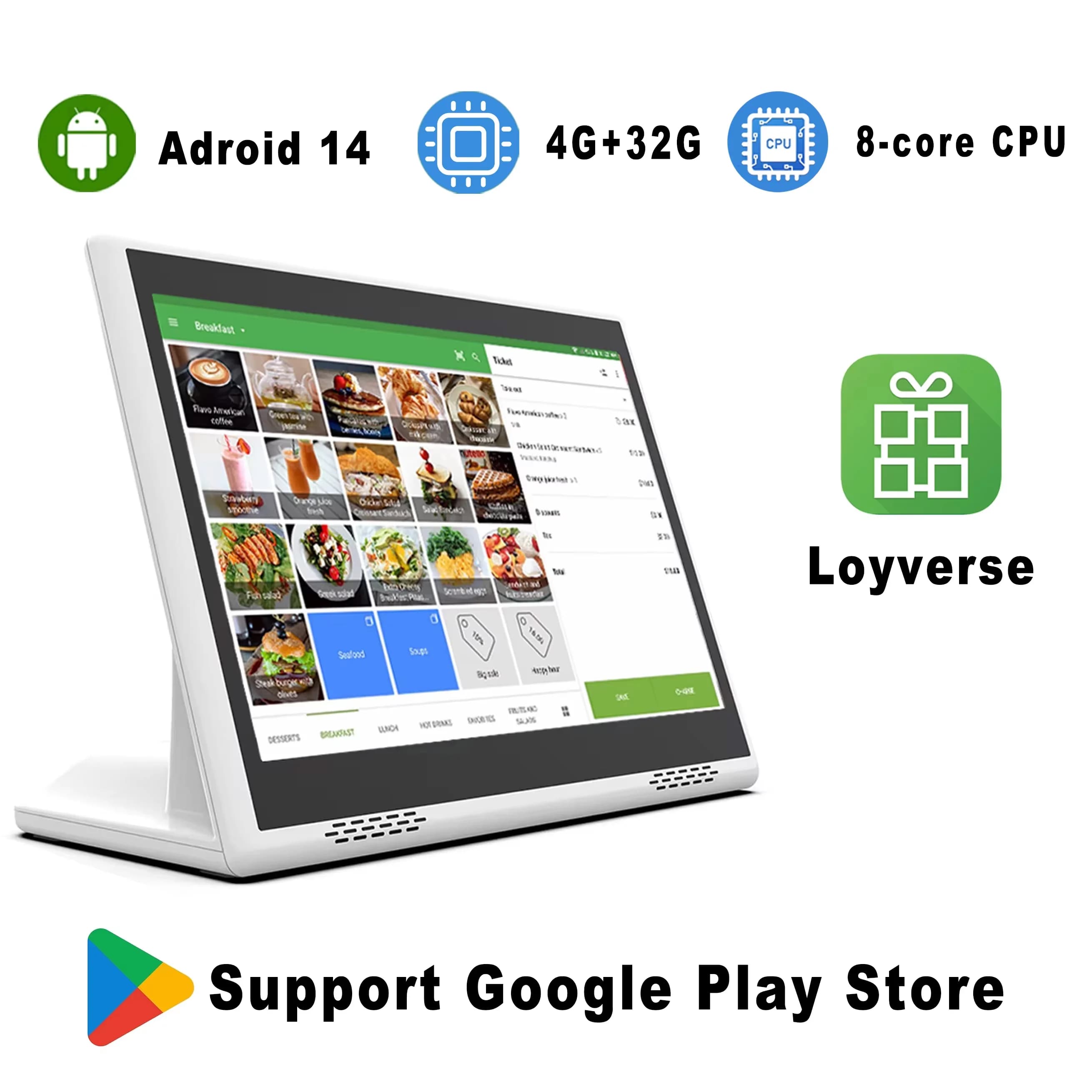 POS Desktop Android 14 da 10.1 Pollici 8-core 4G+32G per Ristoranti, Supporto Loyverse, Tablet a L per Menu, Chiosco Self-Service per Clienti