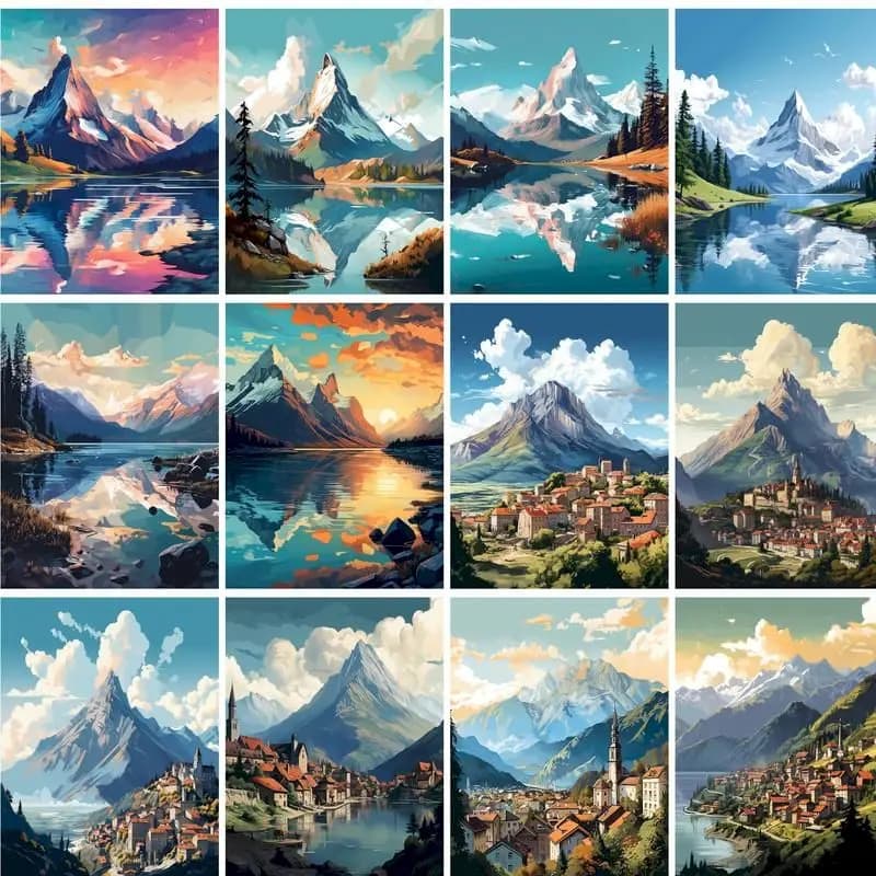 Diy Painting By Numbers On Canvas Adults Handpainted Acrylic Paint Package Mountains Landscape Picture With Number Wall Art Gift