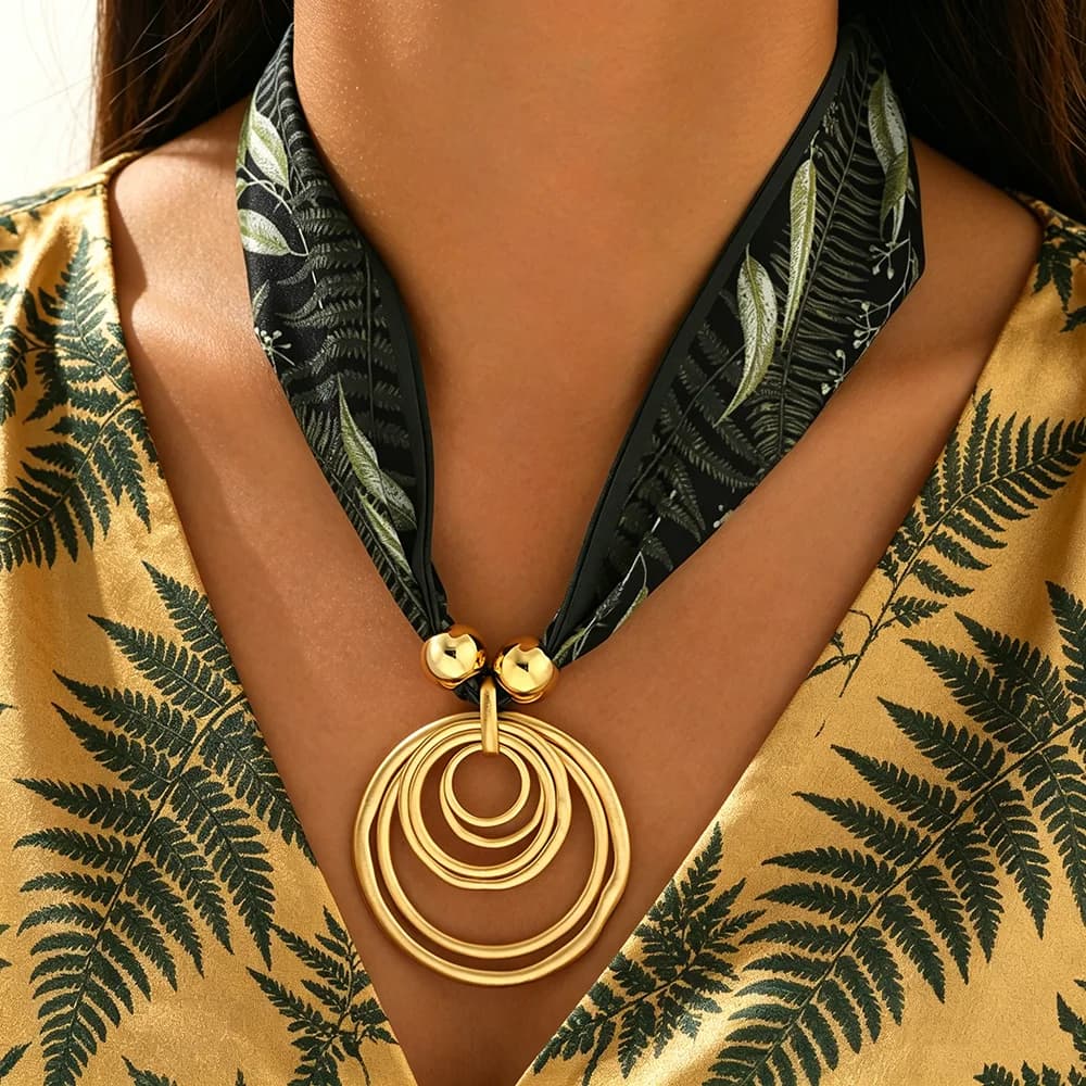 Women Leaf Print Silk Scarf Necklace Gold Multi Layer Circle Pendant Choker Minimal Modern Office Daily Statement Jewelry