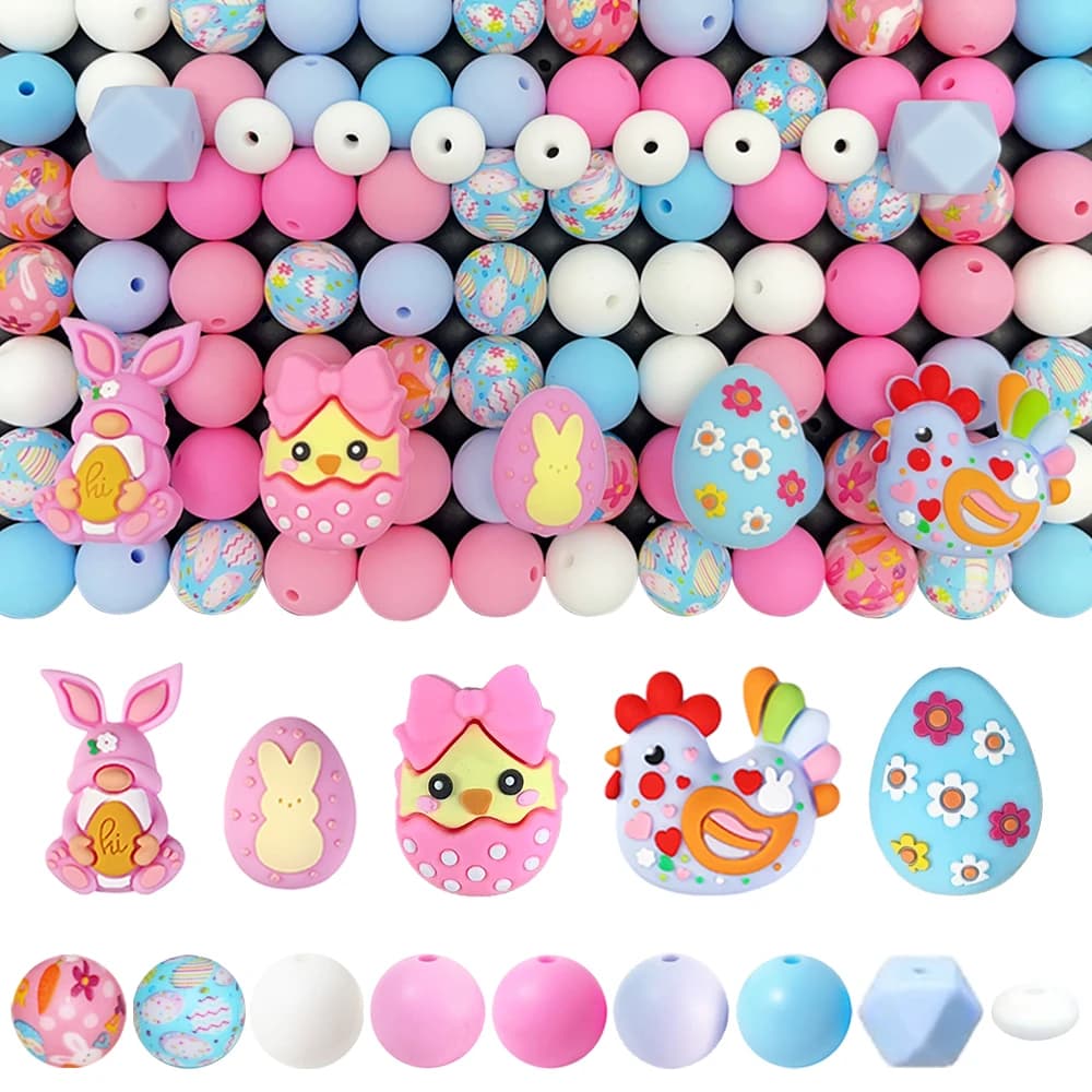 Set di perline in silicone serie animali pasquali da 25/32/68 pezzi, perfetto per lavori artigianali fai-da-te come portachiavi, collane, braccialetti, ecc.