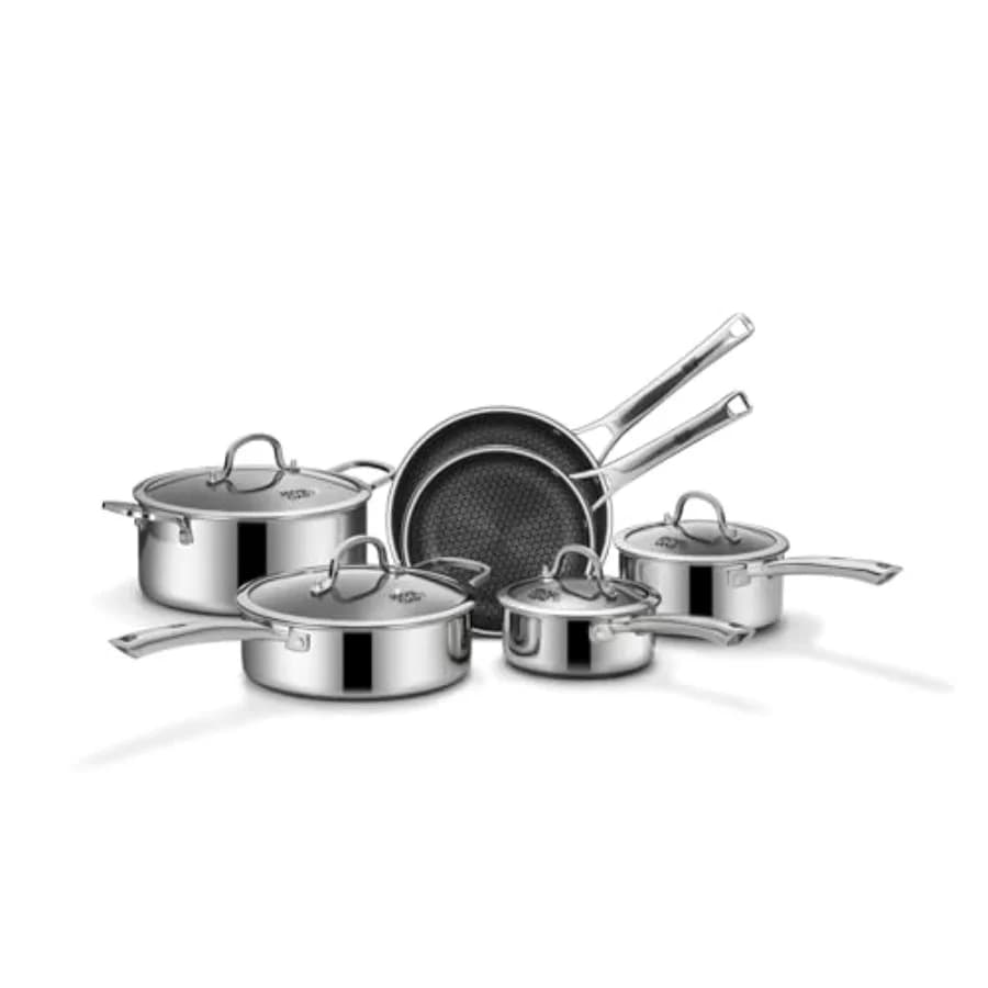 Set di Pentole e Padelle Antiaderenti 10 Pezzi, Set di Utensili da Cucina in Acciaio Inox Ibrido, Padelle Antiaderenti, Casseruole, Padella per Saltare, Pentola per Zuppa PFO