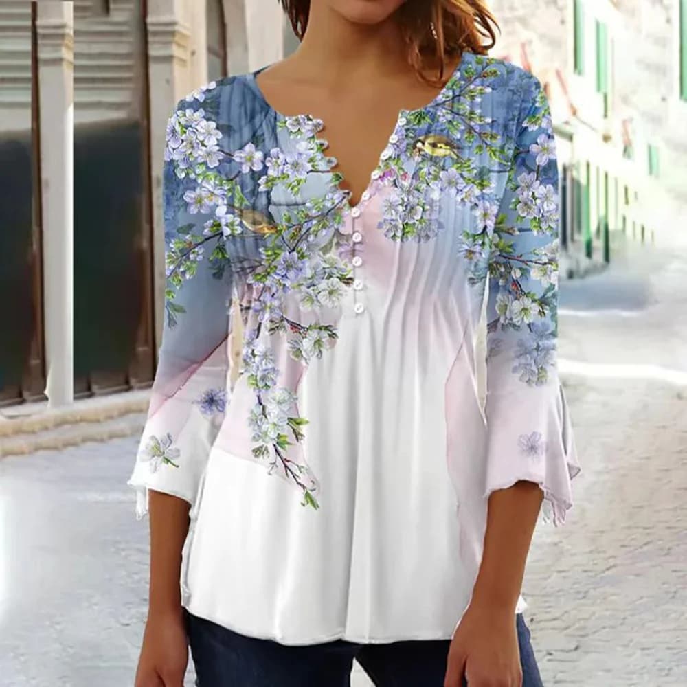 Camicia estiva con scollo a v abbottonata Y2K t-Shirt moda donna stampata in 3D abbigliamento popolare nuova camicia a maniche larghe a sette quarti