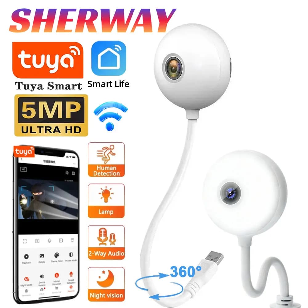 Telecamera WiFi Tuya Mini da 5MP per Interni, Telecamera di Sicurezza 2K per Monitoraggio Bambini, Wireless con USB, Sorveglianza IP, Tracciamento Automatico AI, Baby Cam