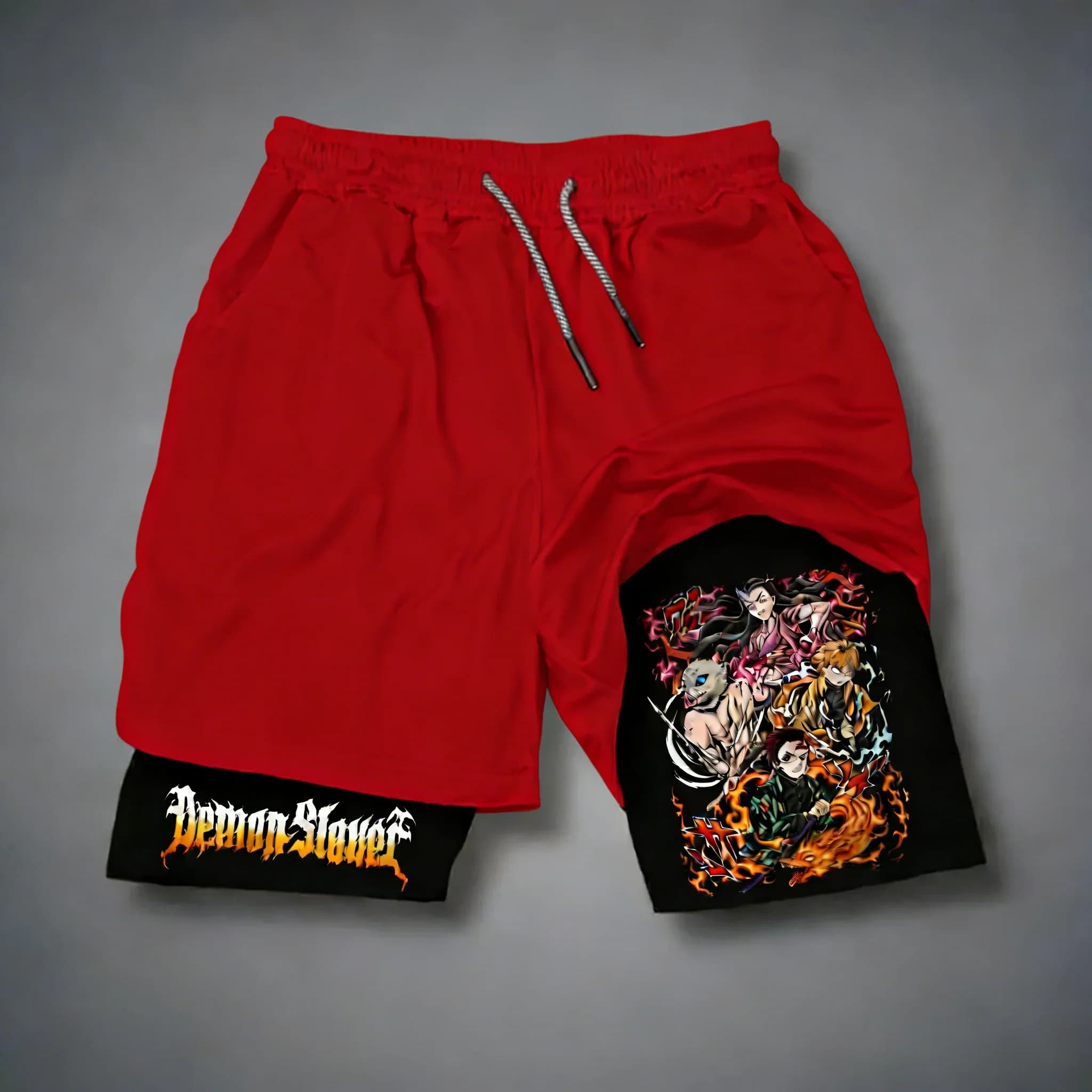 Pantaloncini 2-in-1 Demon Slayer Anime, Nuovi Pantaloncini Estivi da Uomo e Donna per Fitness, Asciugatura Rapida, Traspiranti, a Doppio Strato per Calcio