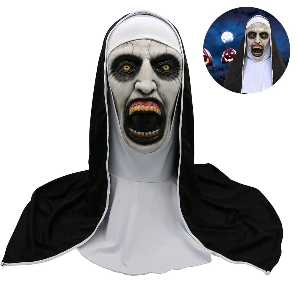 ZK20 Maschera horror da suora di Halloween Cosplay Maschere in lattice spaventose con foulard Casco integrale Puntelli per feste di Halloween