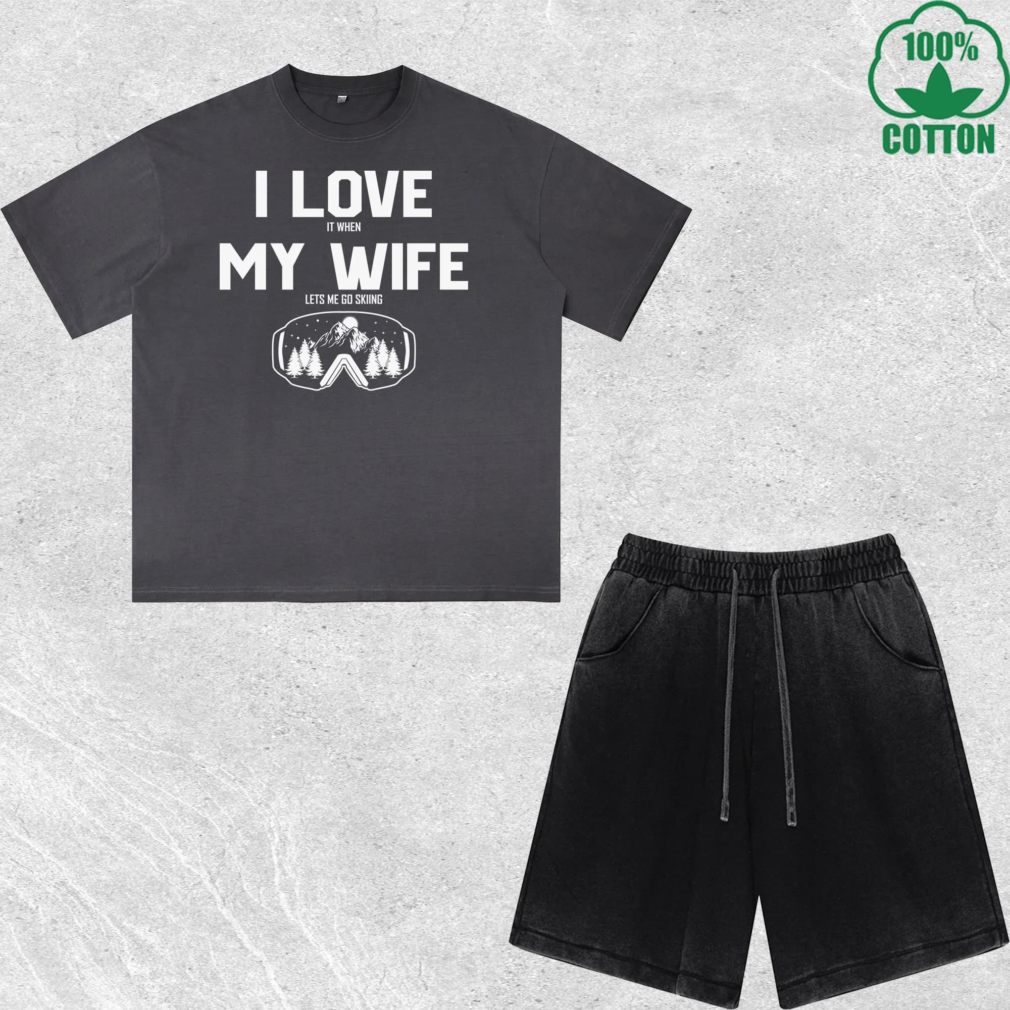 Set T-Shirt e Pantaloncini con Stampa 'I Love My Wife', Effetto Lavato, Multicolore, Stile Trendy e Comodo, 100% Cotone
