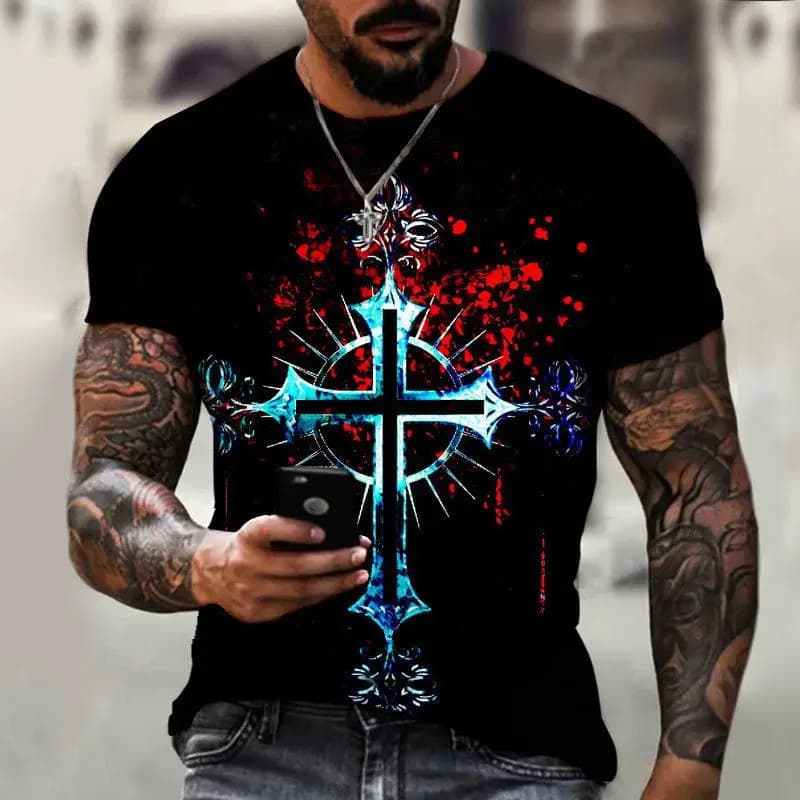 Men's 3D Printed Patterned Fitted Shirt Comfortable Polyester Fiber Sportswear Short Sleeve round Neck Basic Style Spring Autumn