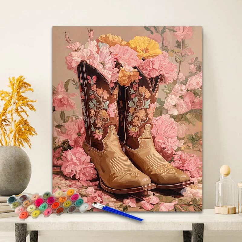 Painting By Numbers Boots and Flowers Anniversary gift on Digital Painting Canvas Acrylic Paint Image Digital Coloring