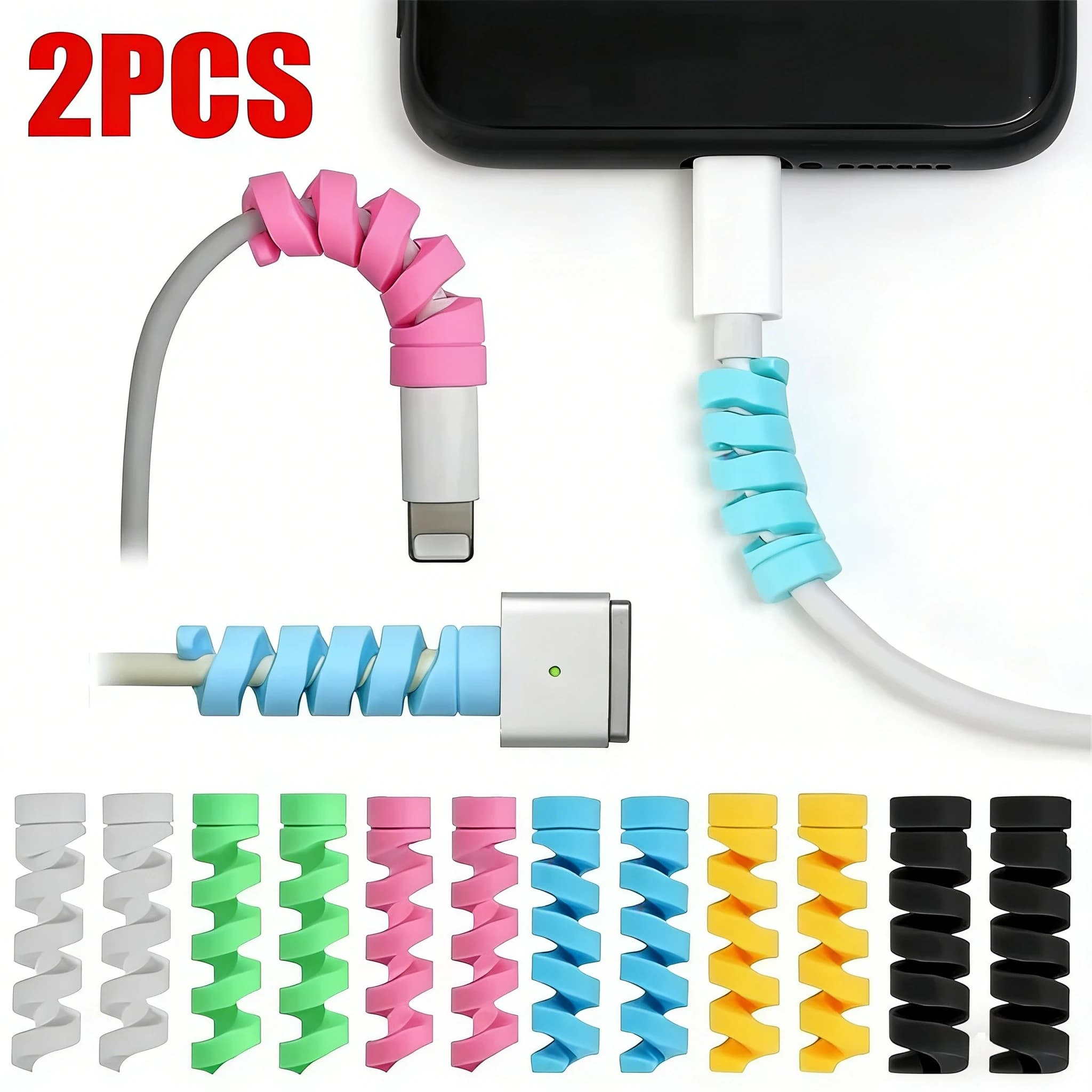 2 Pezzi Avvolgicavo a Spirale in Silicone Morbido, Protezione per Cavi, Clip Salva-Cavo per Telefono Android, Mouse, Auricolari