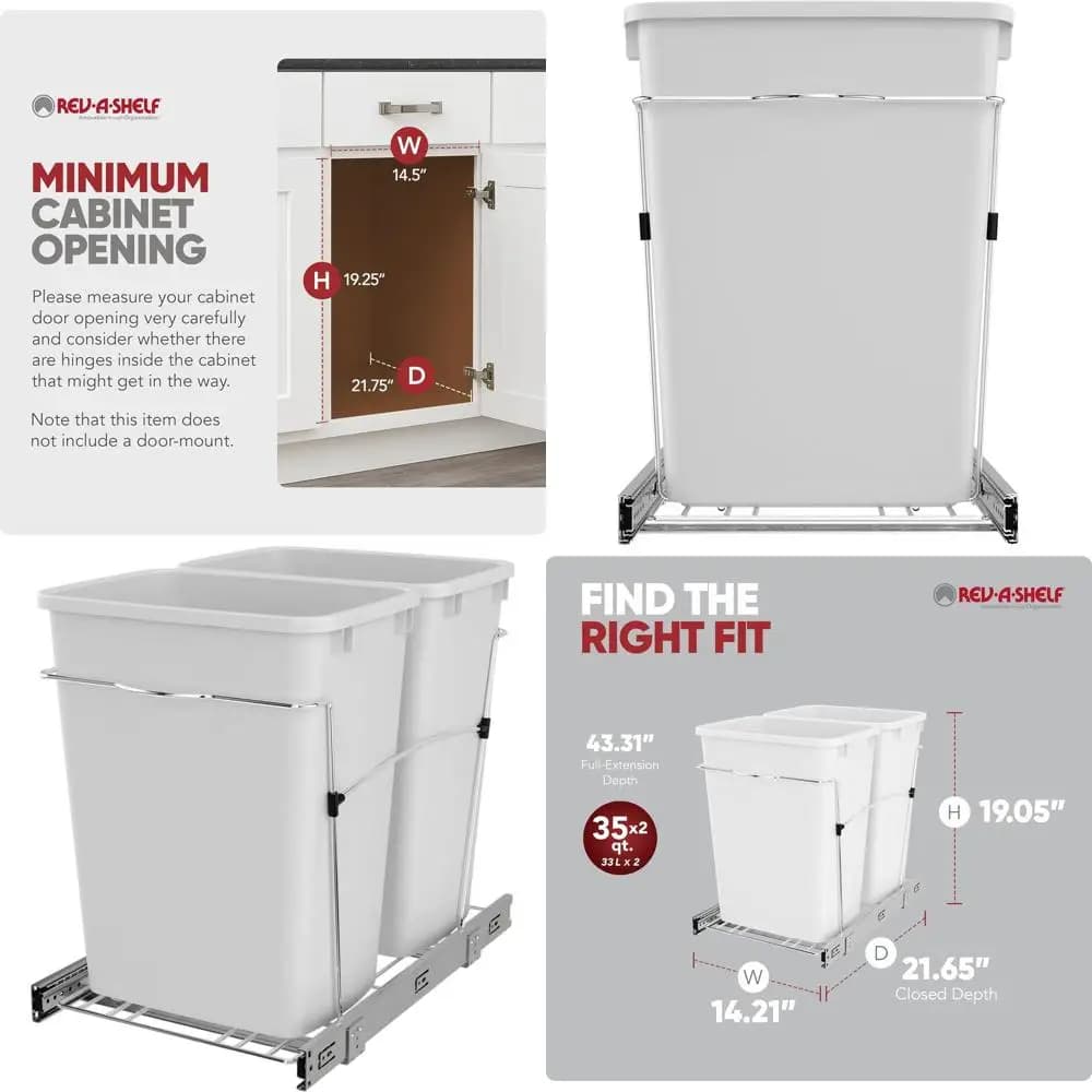 Cestino per rifiuti a doppia estrazione 18KD-11C S, contenitore per la raccolta differenziata da cucina da 35 Qt con guide a estrazione totale, bianco