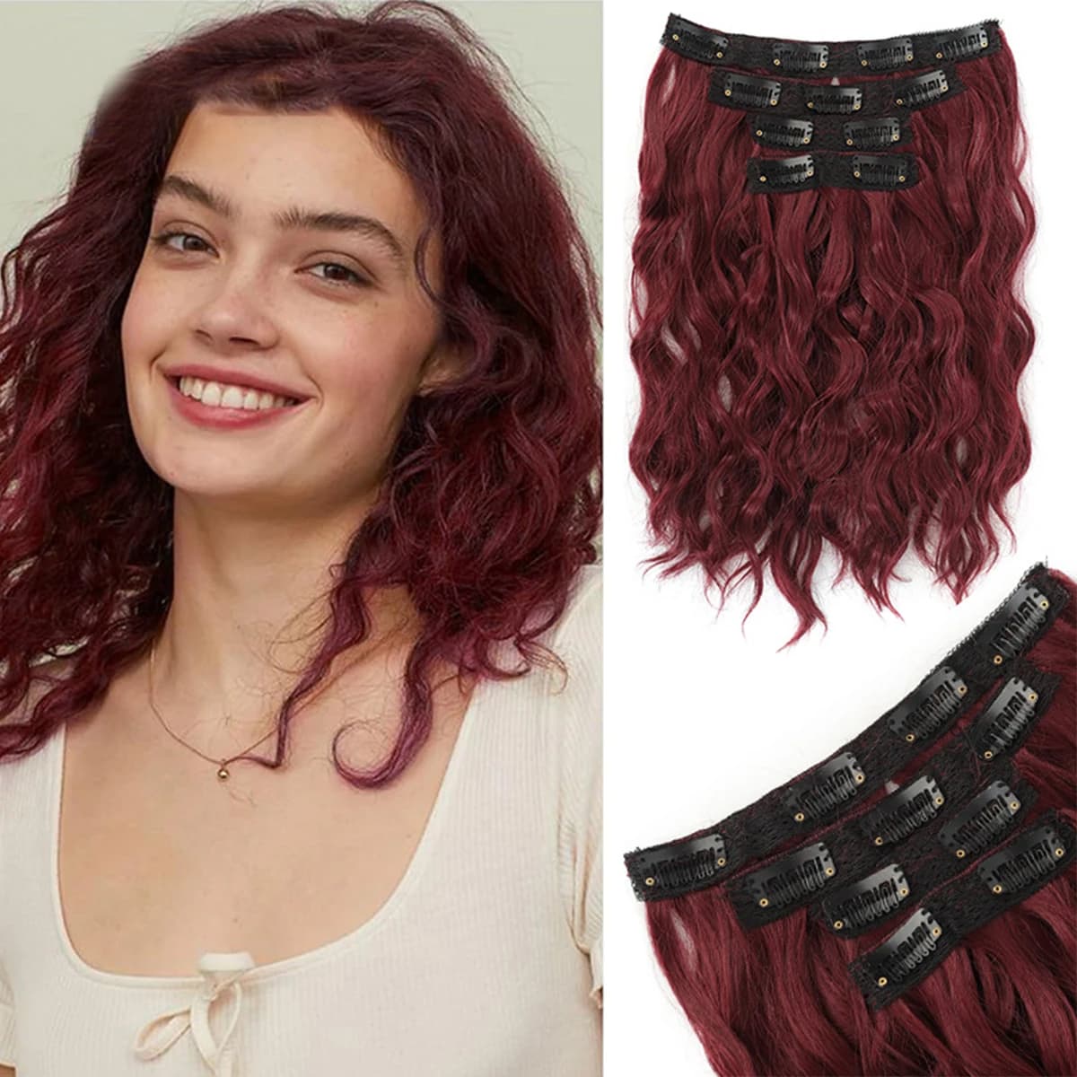 set da 4 pezzi corto riccio sintetico bordeaux con clip per parrucca con estensione dei capelli con ondulazione dell'acqua in parrucchino per accessori per capelli con clip da donna