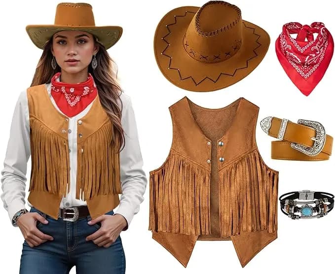 Donna Uomo Costume da cowgirl Gilet occidentale Cappello Cintura Bandana Set per cowboy Nappe Gilet con frange Abiti di Halloween Wild West Cosplay