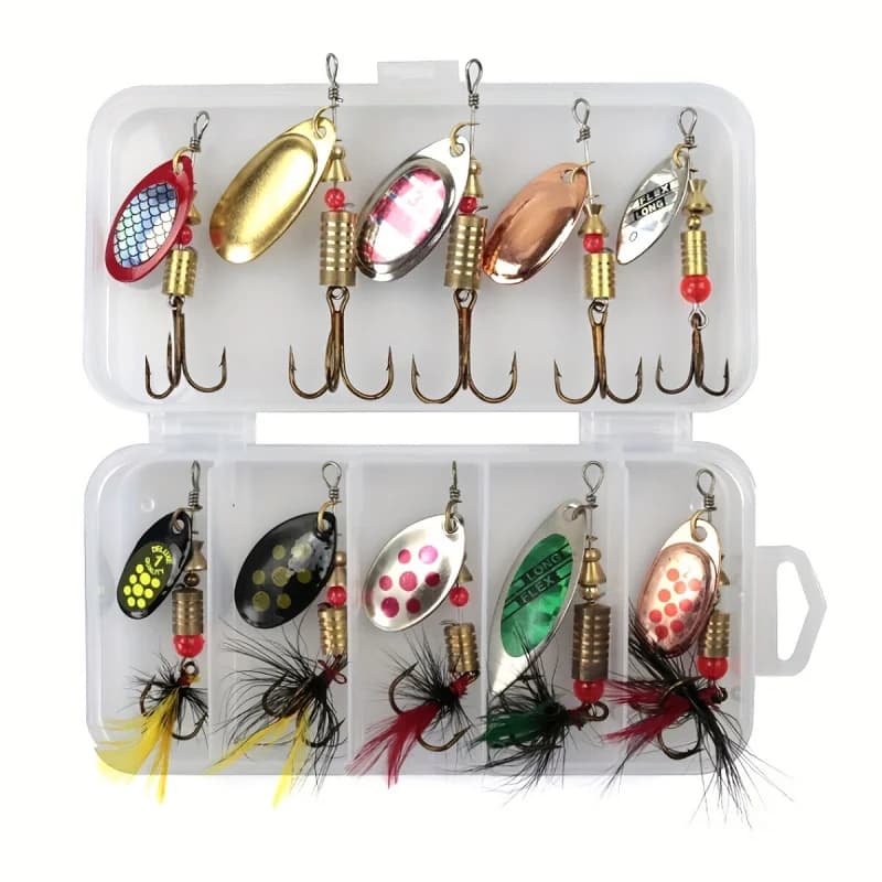 Kit esca spinner piumata da 10 pezzi con scatola, esche da pesca con amo dai colpi, esche artificiali realistiche per trota, spigola