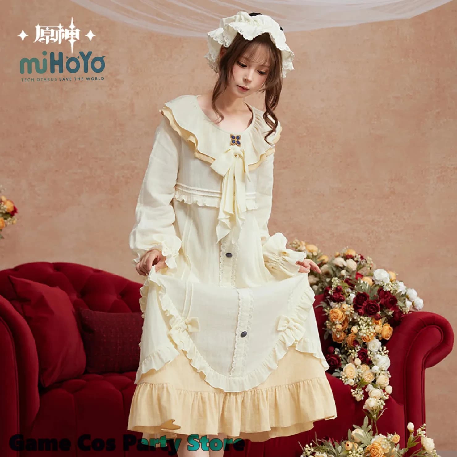 [Genuine] Fatui Marionette Midnight Tea Cha Series Nightgown Nightcap Set Genshin Impact Sandrone Cosplay Costumes Woman Dress