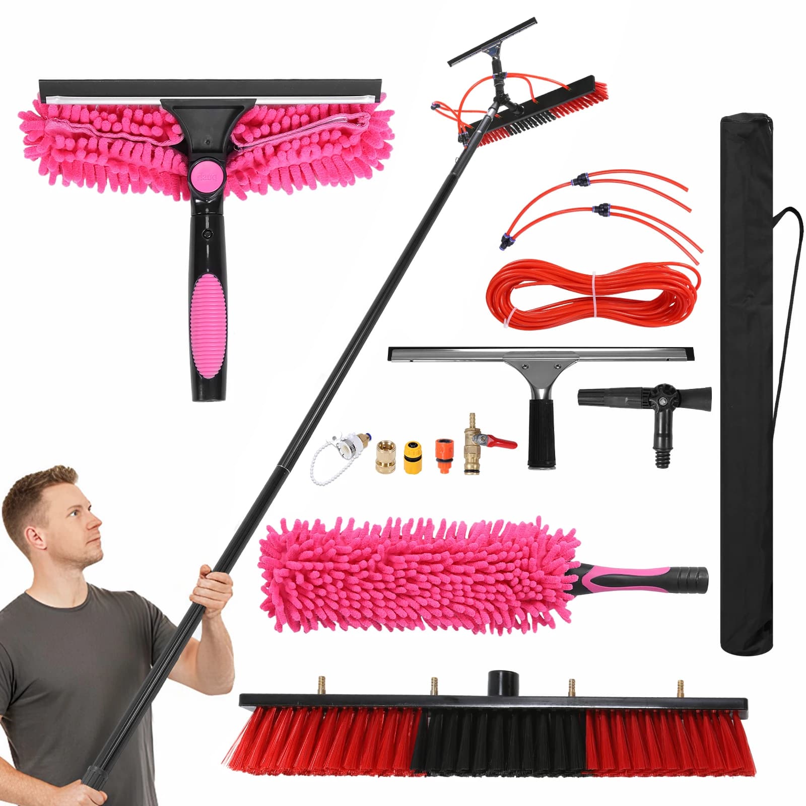 Kit Spazzola Telescopica Alimentata ad Acqua con Asta Leggera e Spazzola Telescopica Alimentata ad Acqua con Rotazione a 180° ° Testina Rotante per Pulizia Pannelli Solari su Tetto Auto