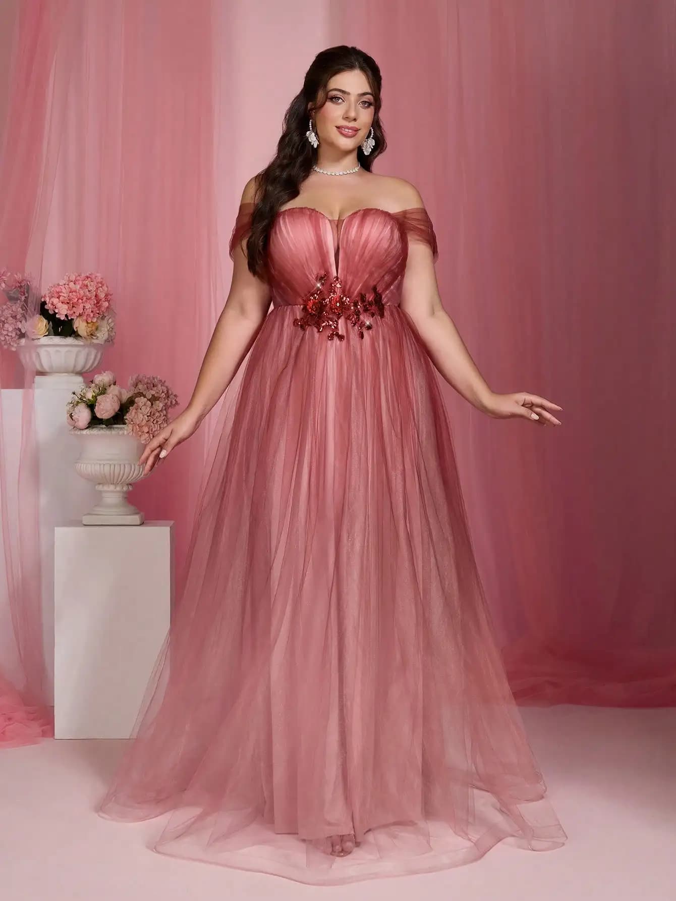 Mgiacyv-neck one-shoulder mid-waist floral tapered gradient mesh long skirt