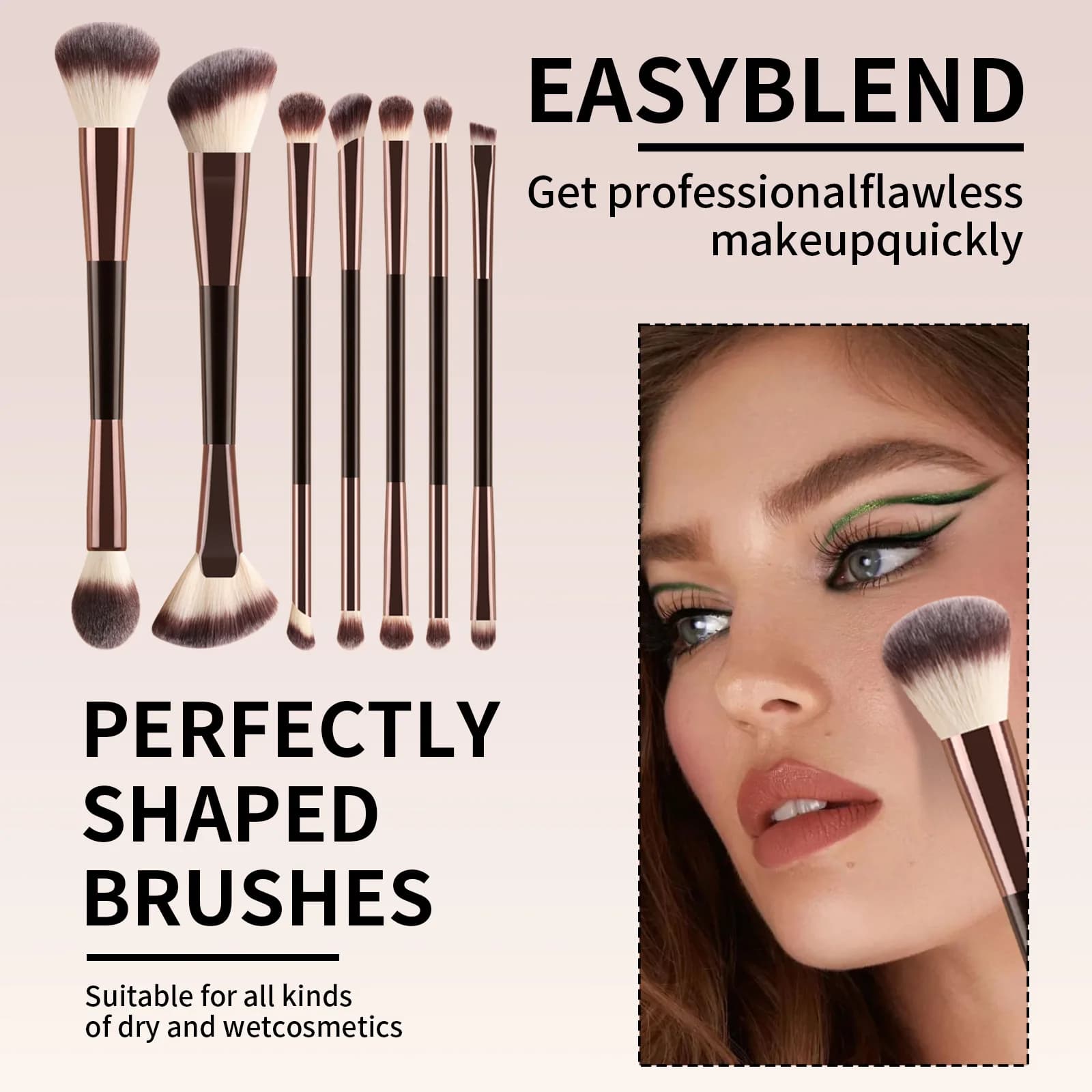 Two-color hair double-head makeup brush 7 pcs large loose powder brush diagonal blush brush foundation brush eyeshadow brush.