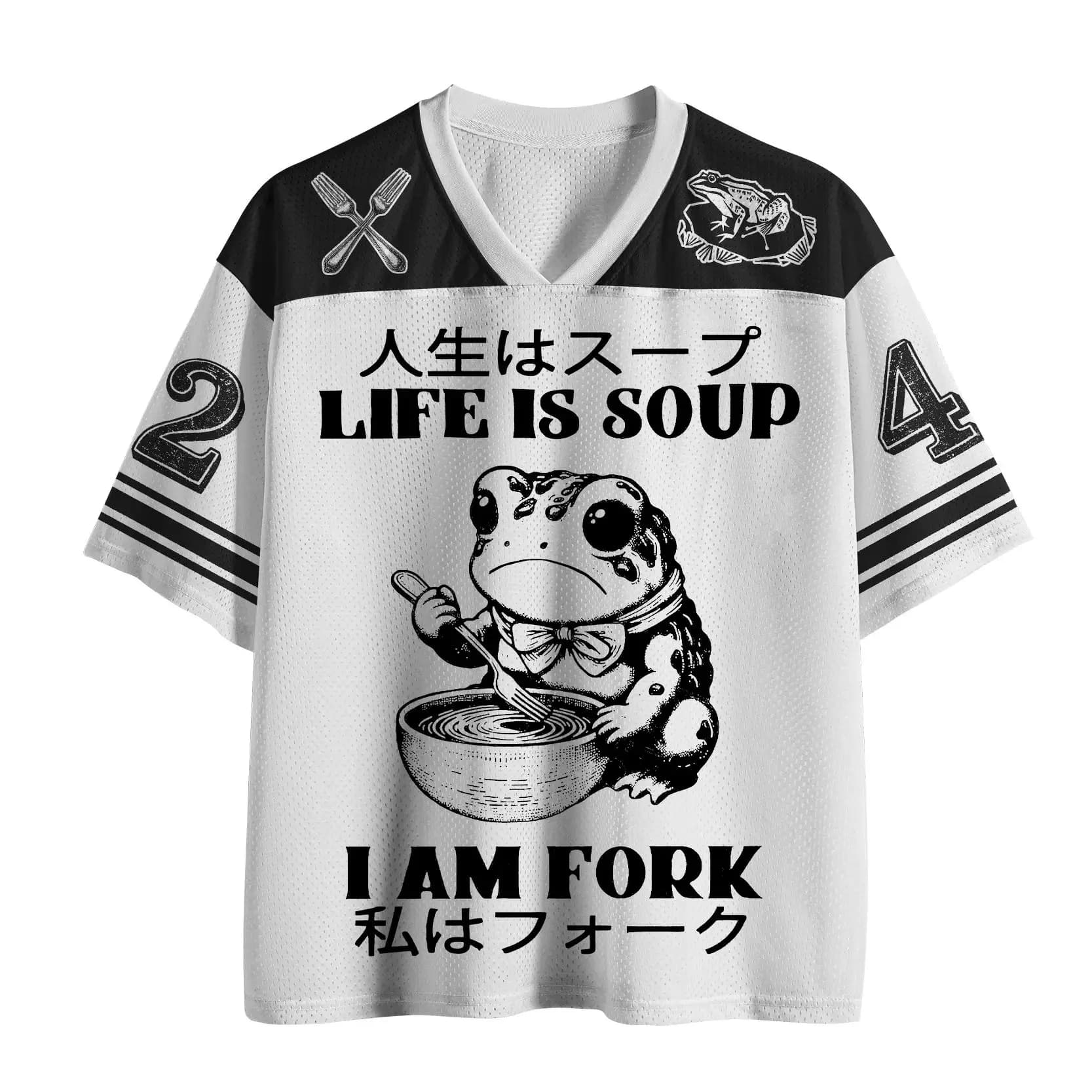 Maglietta grafica giapponese divertente con rana, stampa 'Life Is Soup I Am Fork', scollo a V in rete, manica corta, unisex, casual da strada, top estivo