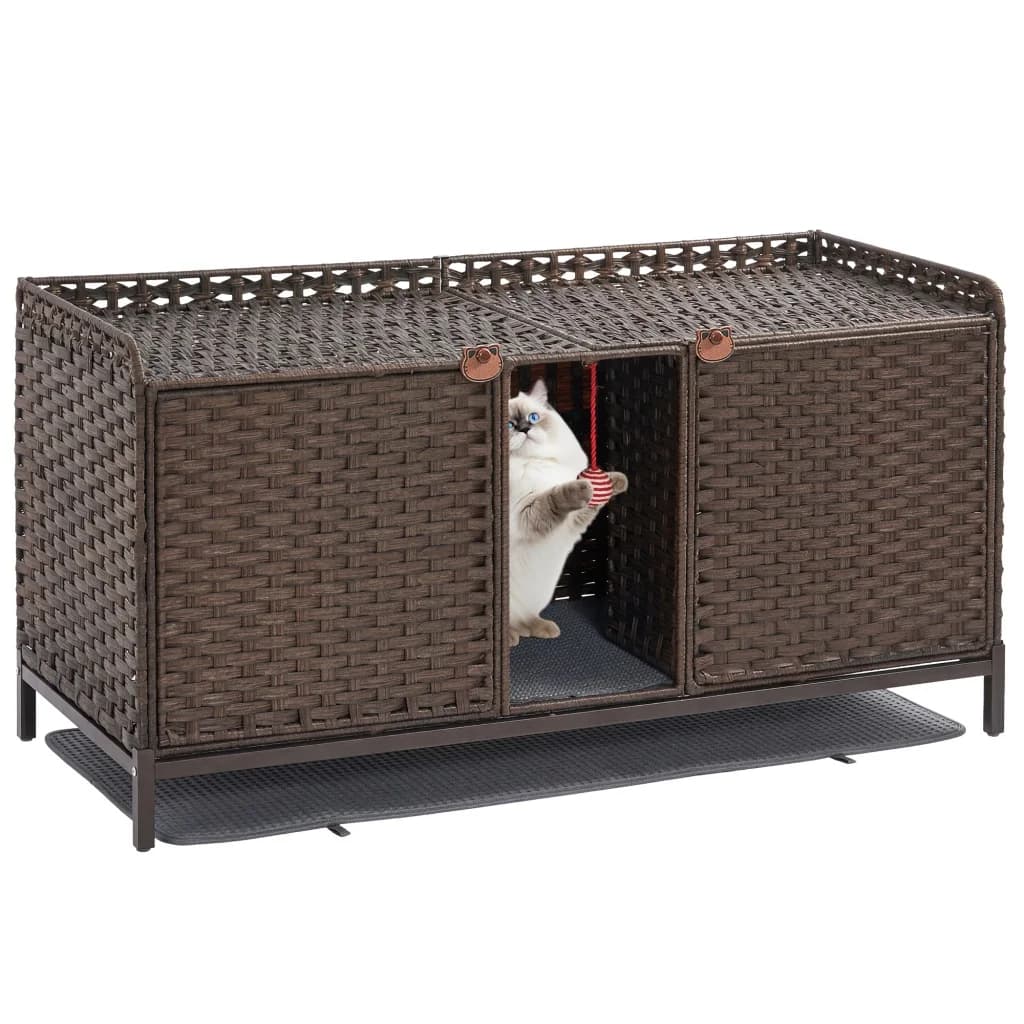 47 inch hand braided rattan cat litter cabinet – hidden cat litter cabinet with door, mat and hooks – Spacious cat case for living room