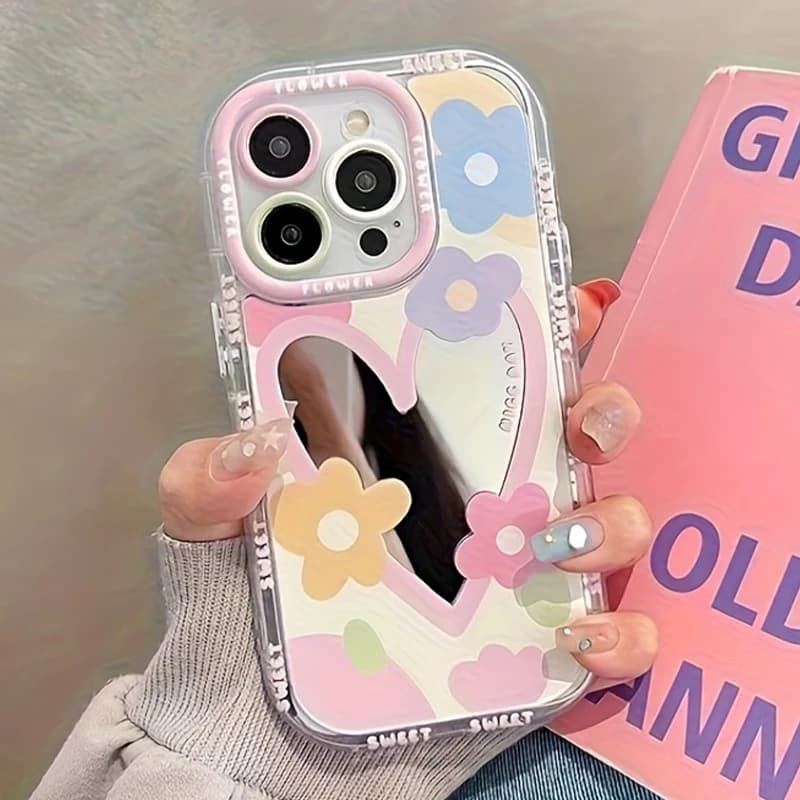 Korean Colors Cute Flower Mirror Phone Case For iPhone 11 16 17 13 12 14 15Pro Max XS XR 7 8 Plus Lovely Hard Shockproof Cover
