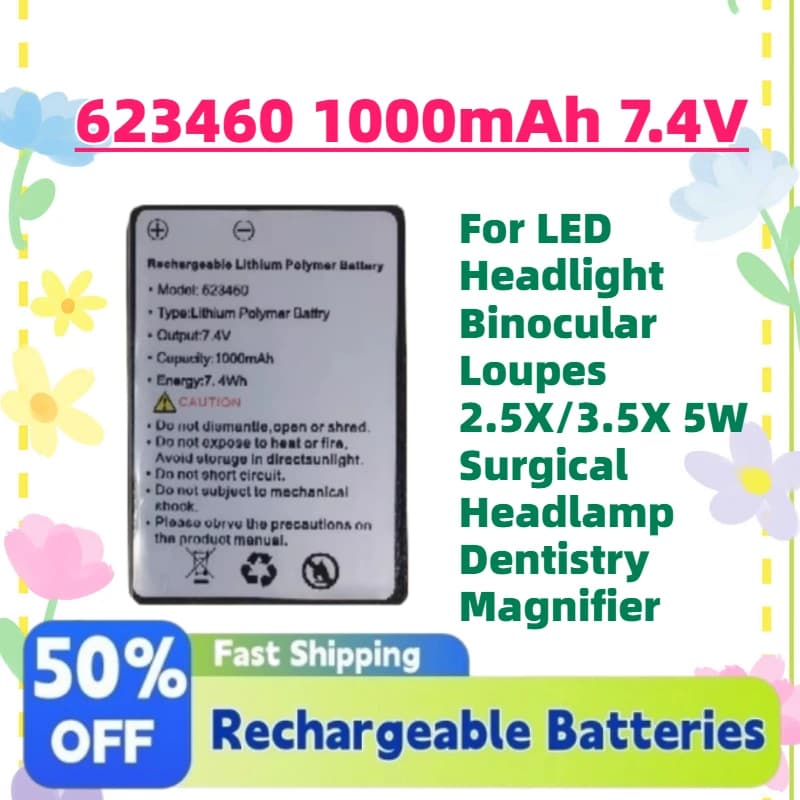 Batteria agli ioni di litio da 1000mAh 7.4V per faro LED dentale, lenti binoculari 2.5X/3.5X, lampada frontale chirurgica 5W, ingranditore per odontoiatria