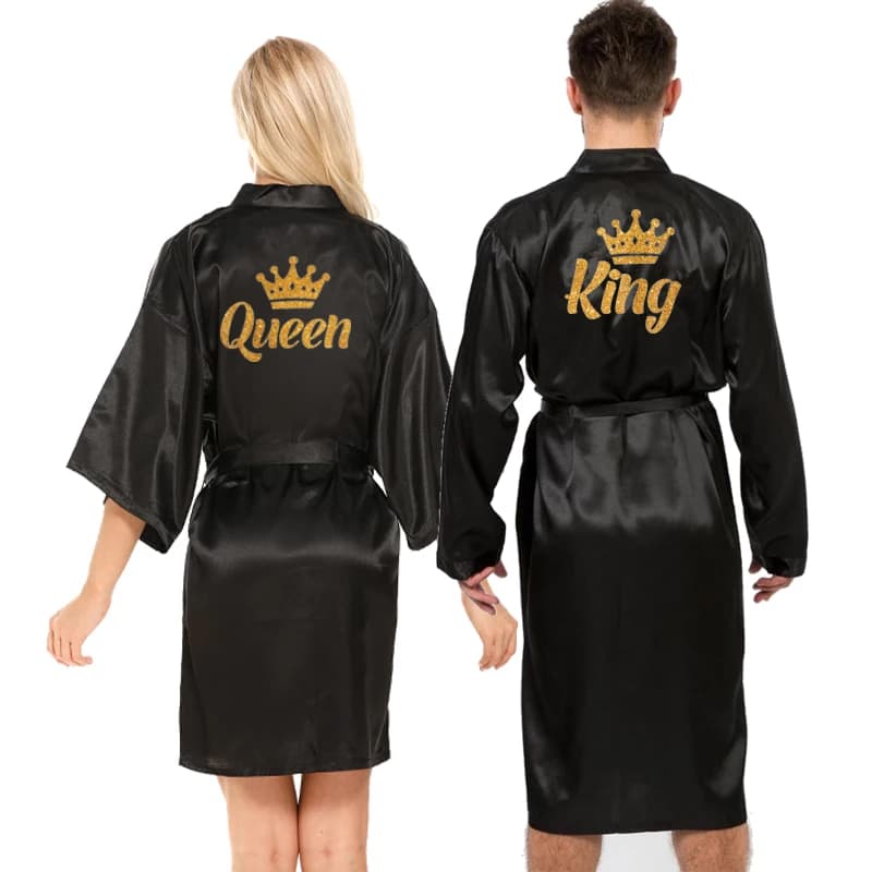 King Queen Glitter Writing Man Woman Satin Dress With Crown Design Honeymoon Couple Queen kimono Dresses