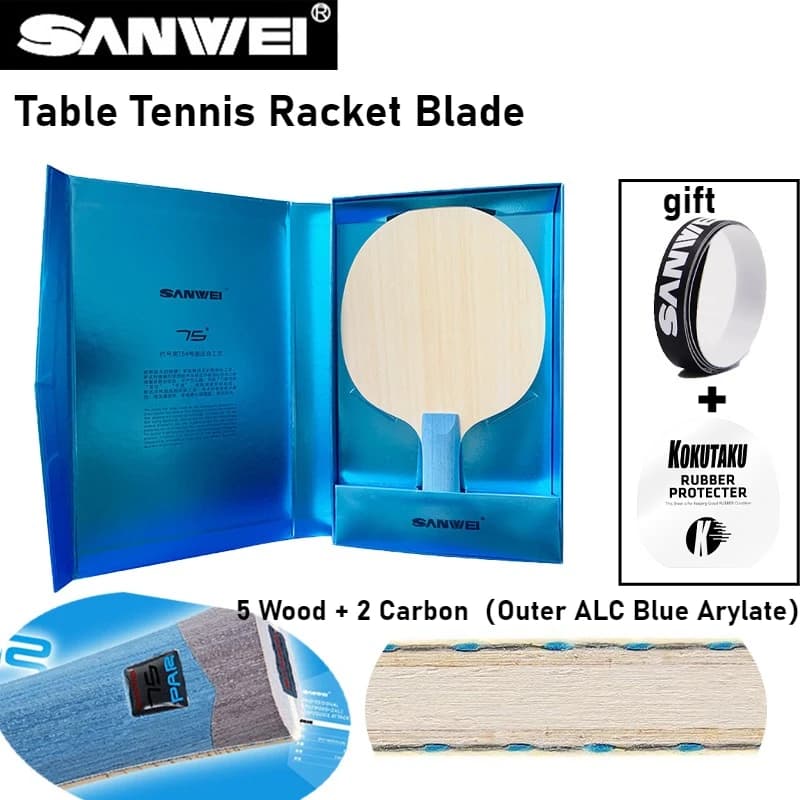 SANWEI 75PAR Ping Pong Rack Blade 5 Wood 2 Carbon Blue Arylate-Carbonio Esterno Ping Pong Paddle for Offensic and Energy Control