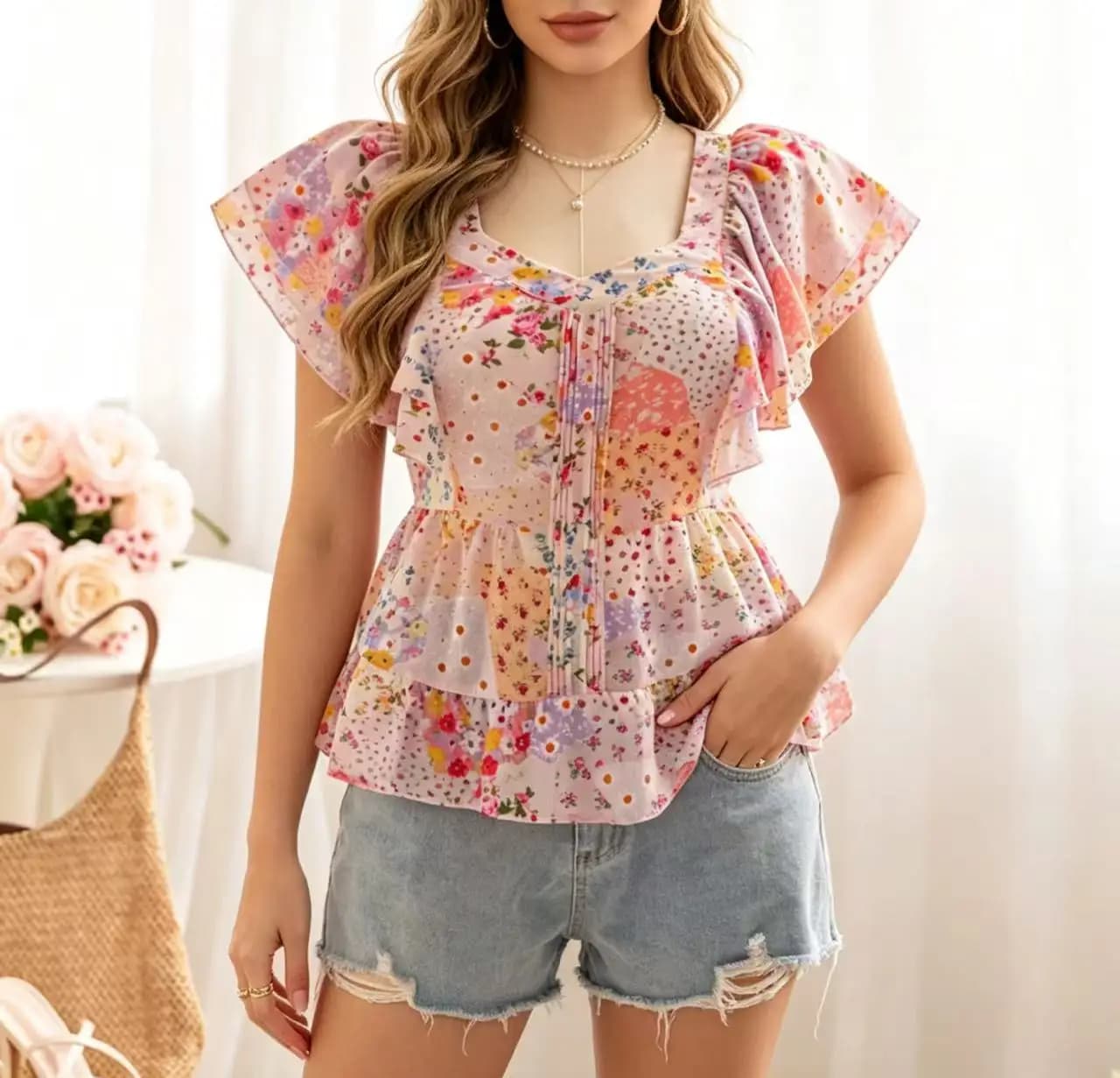 Top da donna taglie forti con design di nicchia, piccoli fiori, pizzo arricciato e maniche a volant, nuovo ed elegante, stile dolce e piccante
