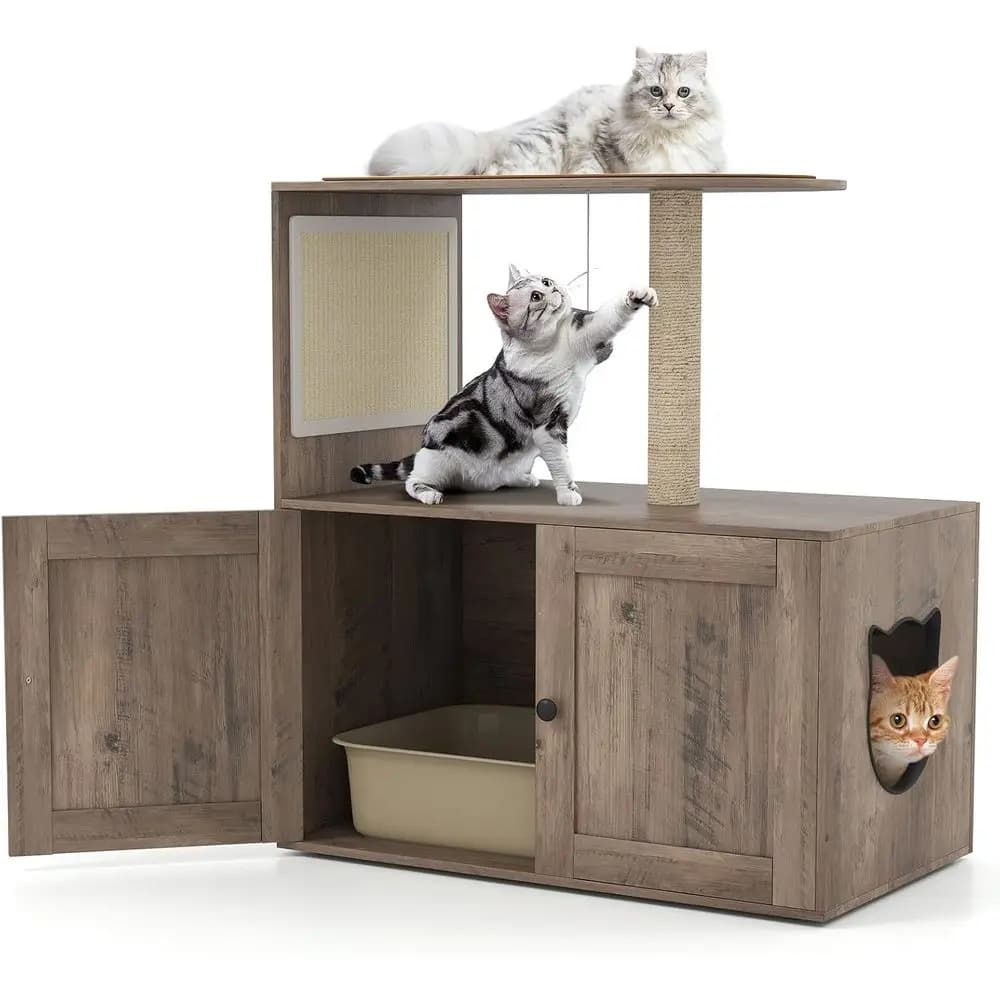 Torre per Gatti con Lettiera Nascosta, Tiragraffi, Tappetino, Palla Sospesa, Fori di Ventilazione e Bagno (Grigio Rovere)