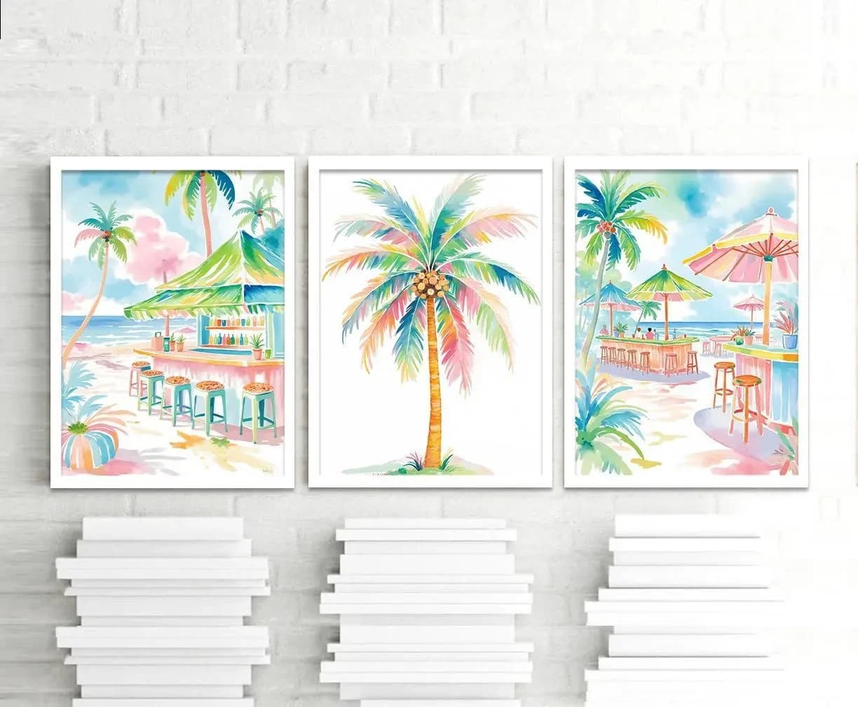 Boho Tropical Watercolor Wall Art Set, Palm Tree Tiki Bar Coastal Canvas Poster Prints, Summer Beach Home Decor & Holiday Gifts