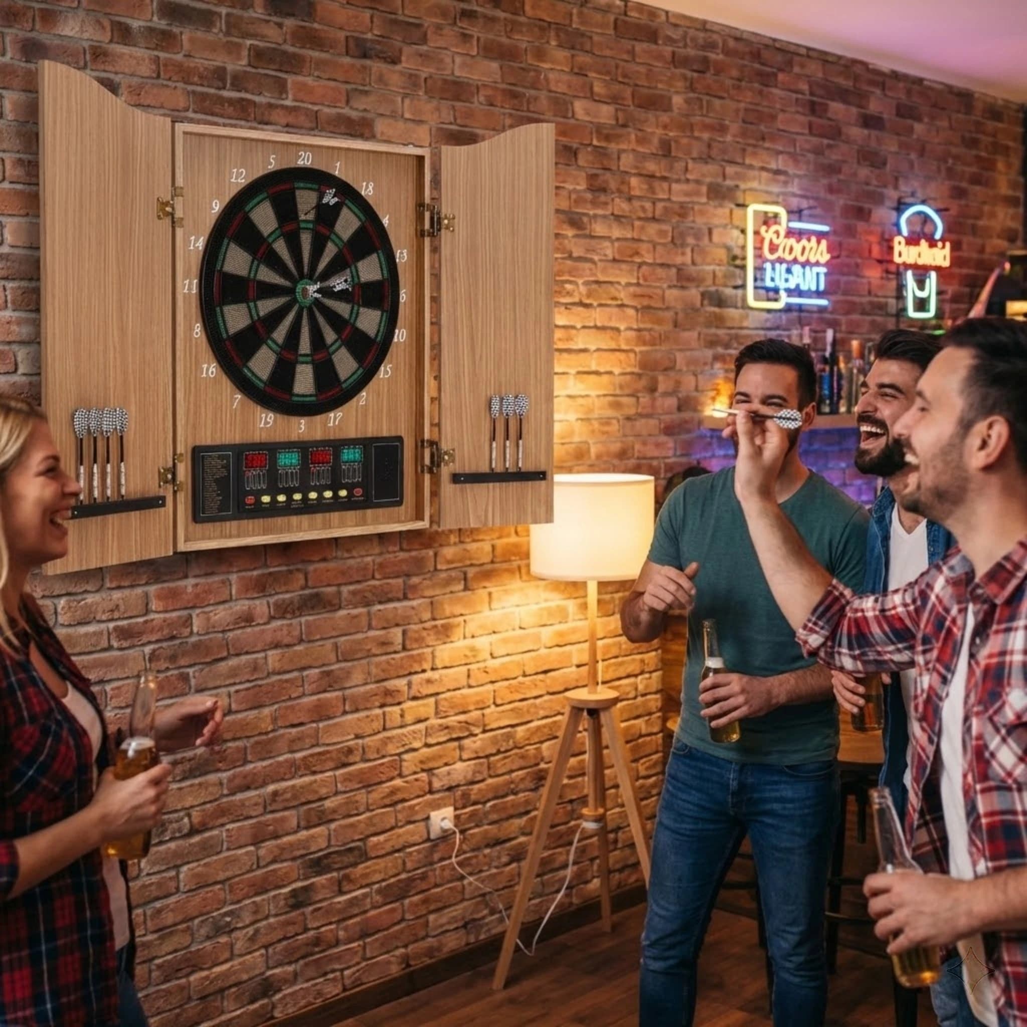 Tavolo da gioco elettronico per freccette con armadietto per adulti, per feste, casa, pub, giochi da interno, con porta in legno, set di freccette soft tip, punteggio automatico e recensioni vocali