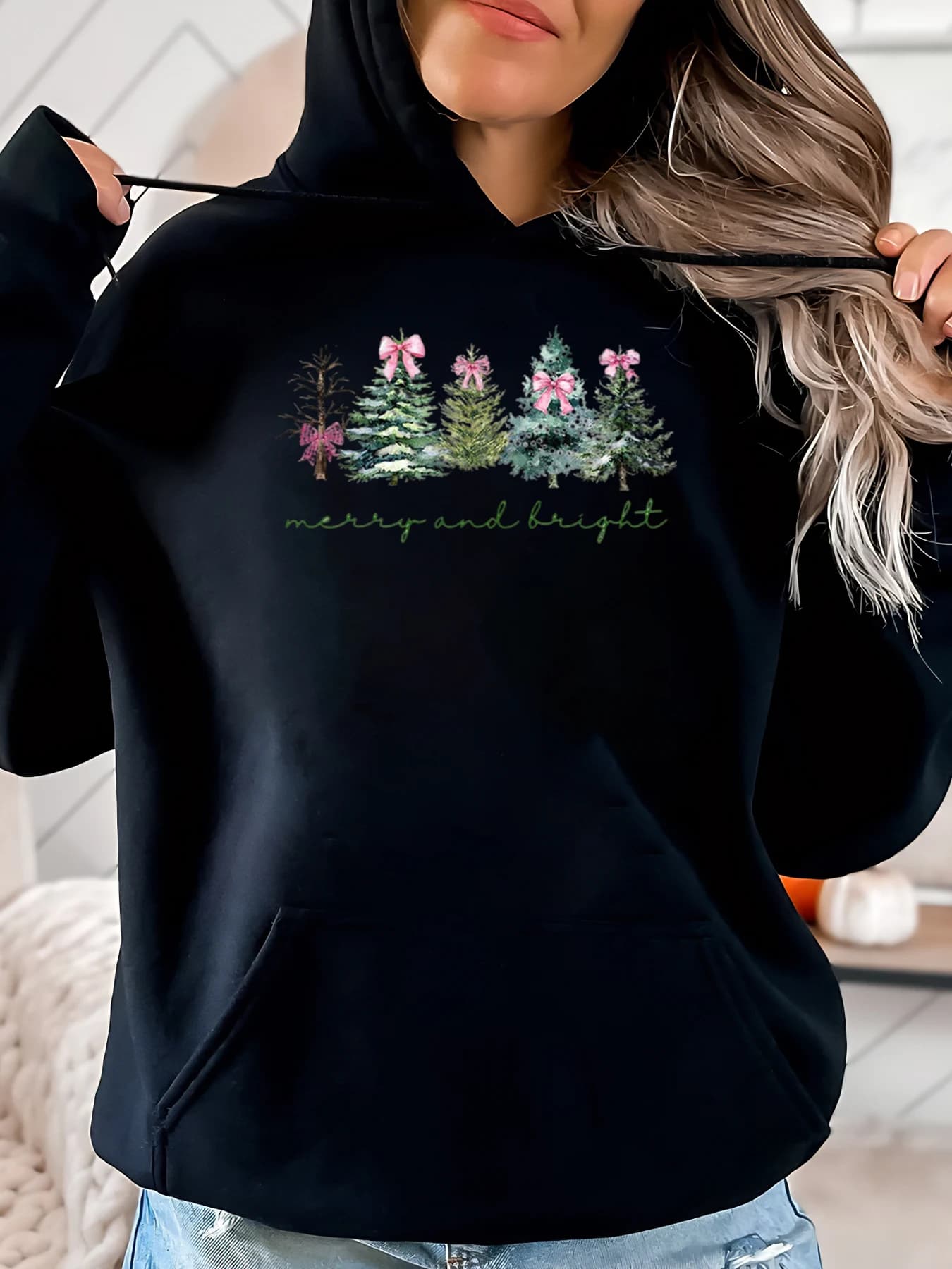 Women's Christmas Tree Hoodie Casual Holiday Clothing Black Plus Sizes