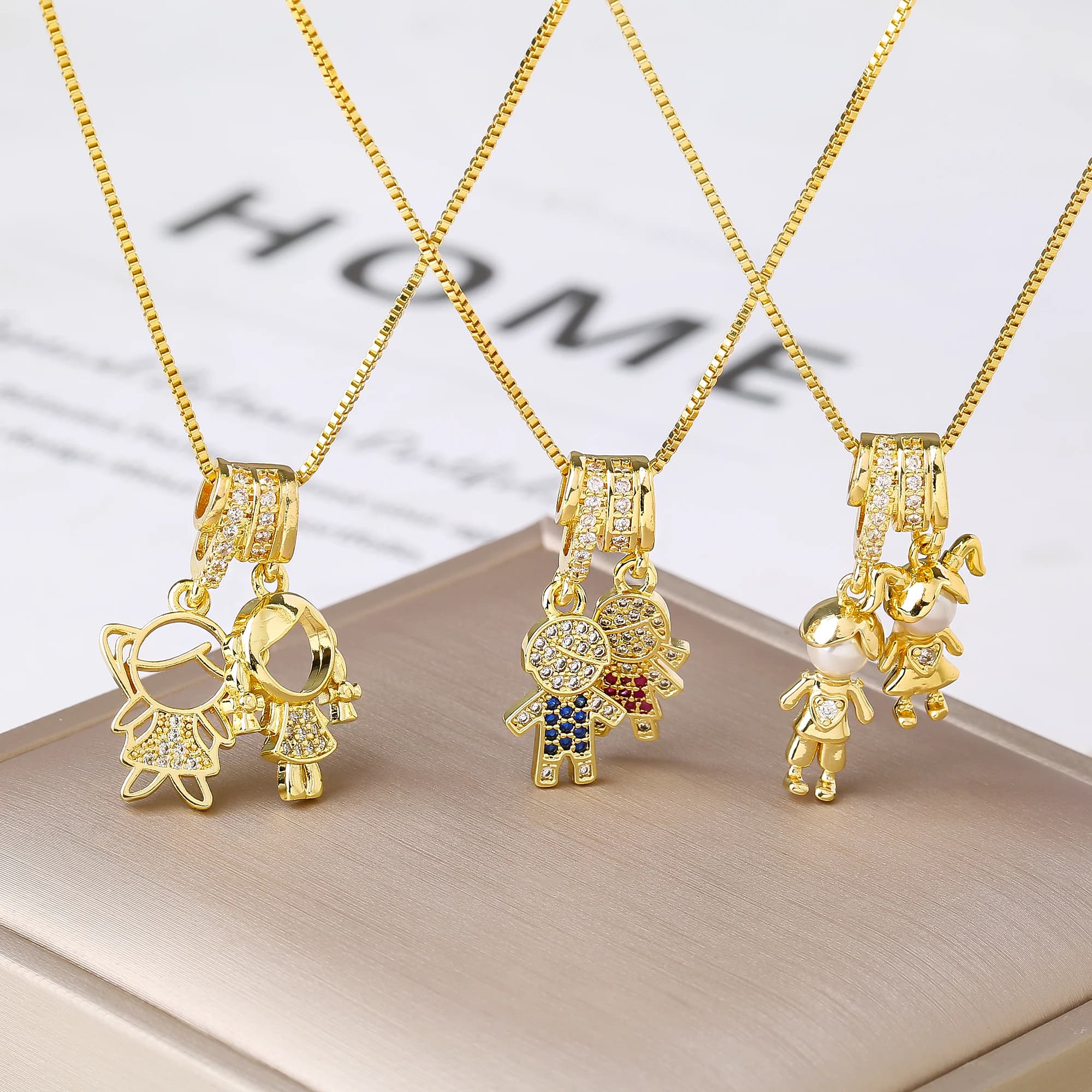 High Quality Multi‑Style Boy Girl Kids Pendant Necklace Family Figure Dangle Neck Jewelry For Women Family Memory Gift Zirconia