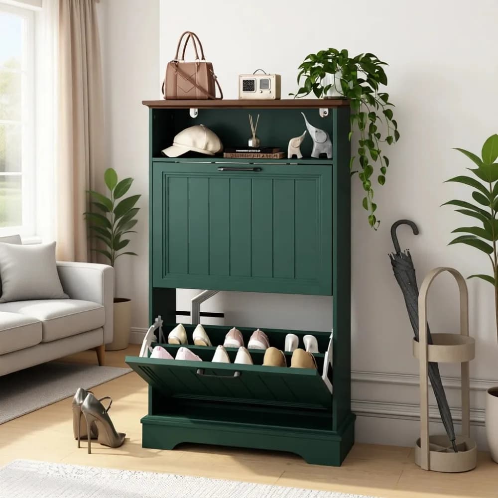 24" Wide Flip Drawer Shoe Storage Cabinet | Modern Entryway Rack, Adjustable Shelves, Slim Organizer