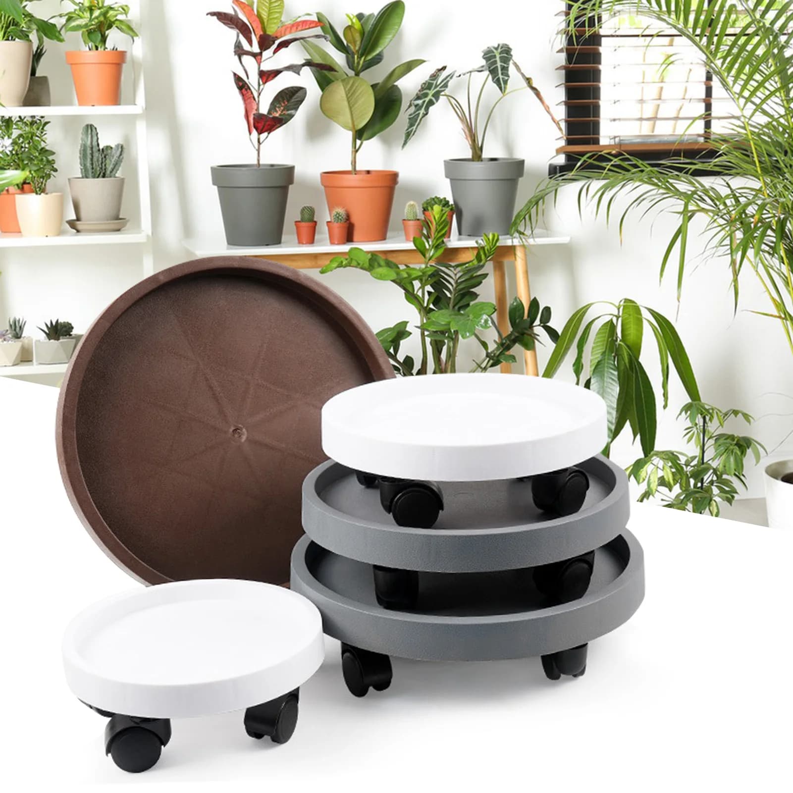 Wheels for round flower pots Planter tray Shelves for durable flower pots Pallet for mobile pot plants for indoor and outdoor use