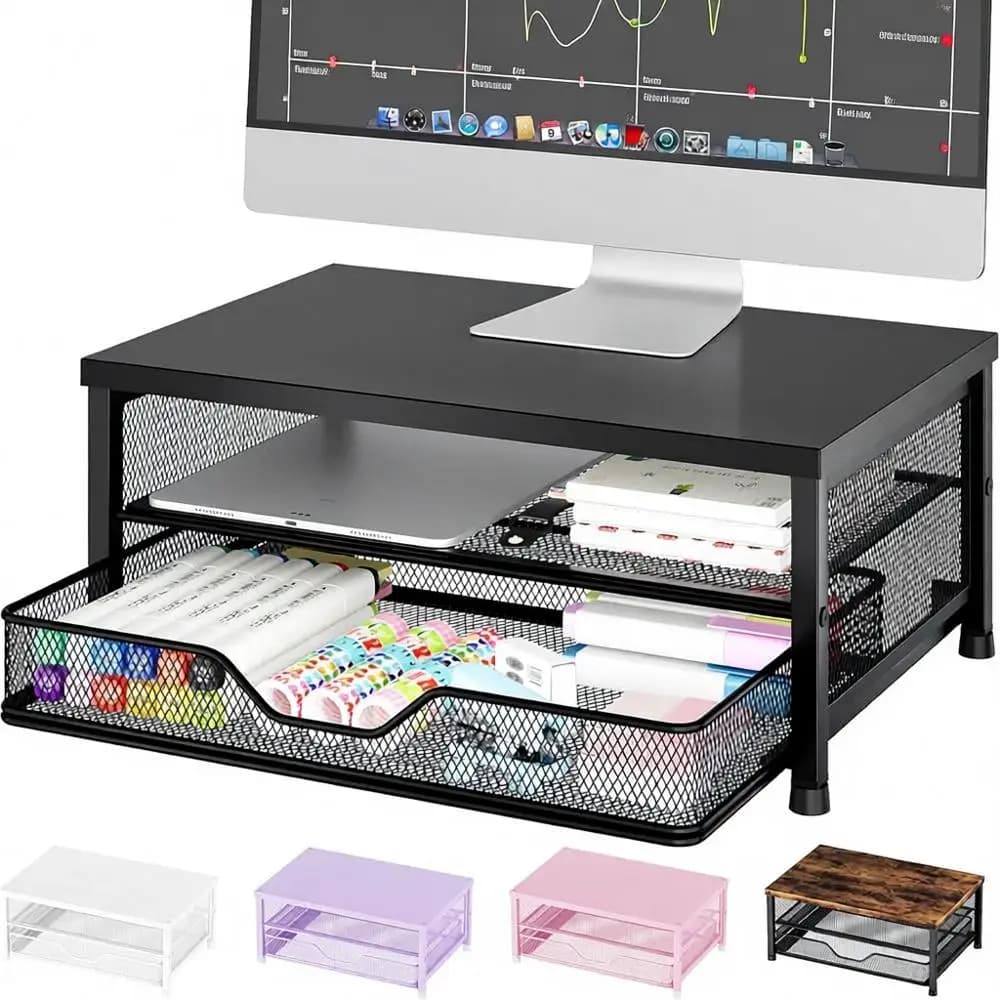 Monitor Stand Riser Desk Organizer, Laptop & Printer Holder, Office Accessories Storage Solution (Black)