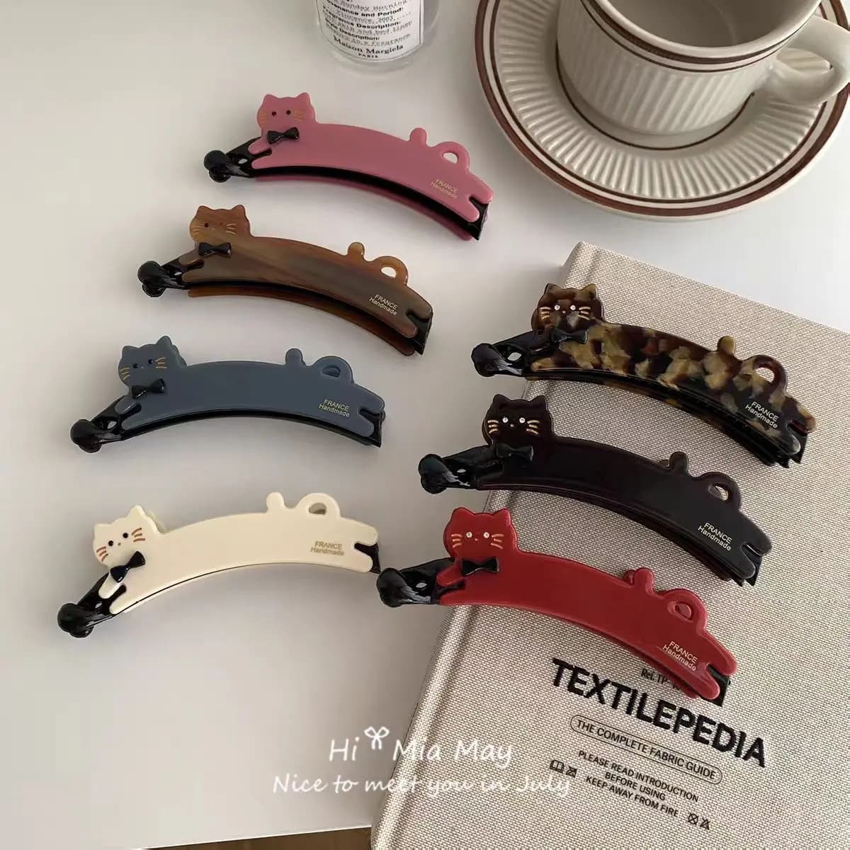 Fermaglio per capelli in acetato a forma di gatto in stile coreano per donna, clip verticale sul retro della testa, forcina per coda di cavallo, clip a banana dall'aspetto di fascia alta