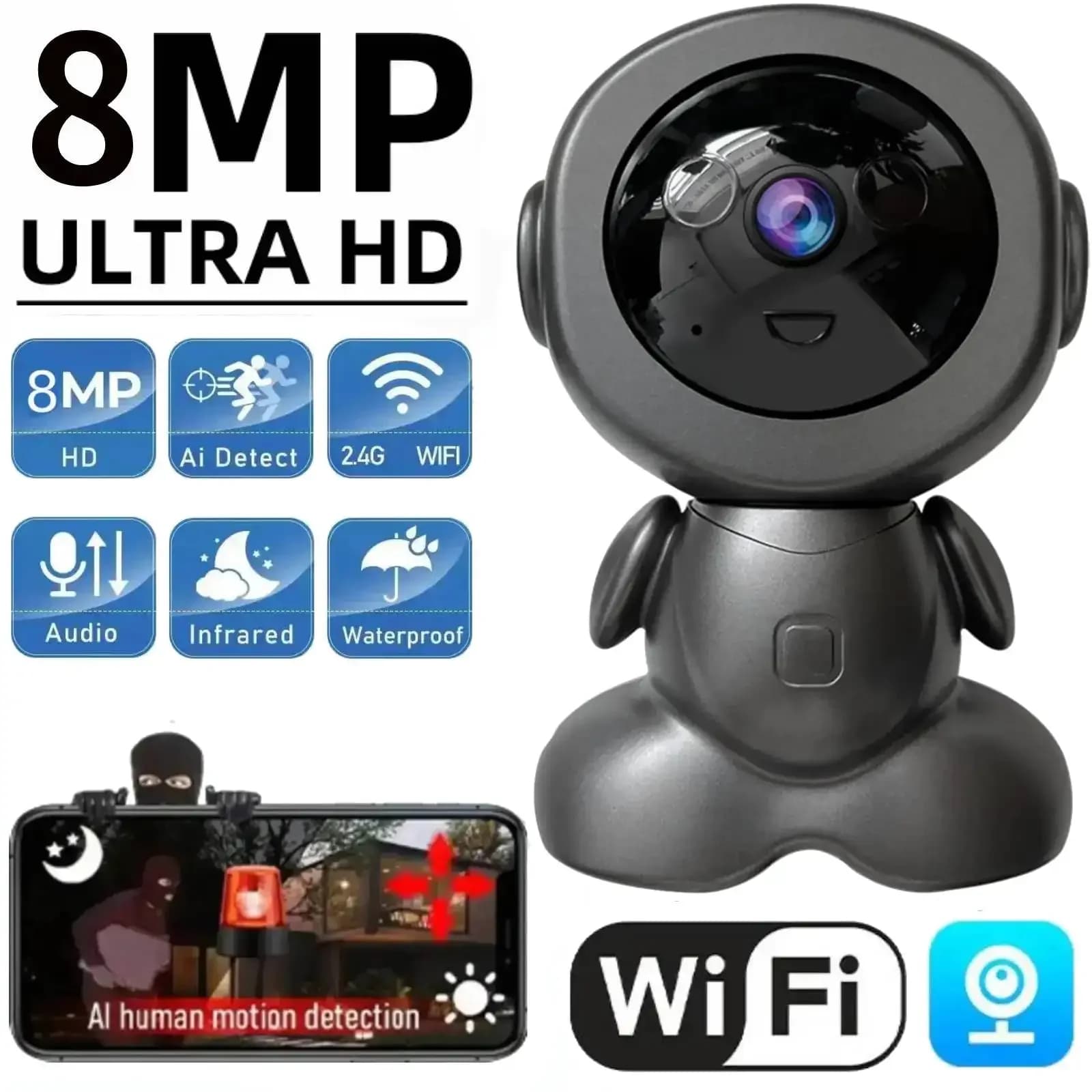 Telecamera di sicurezza Wifi da 8 MP Baby monitor HD per interni Robot di sorveglianza domestica intelligente Telecamera PTZ Monitoraggio automatico Visione notturna Monitor per animali domestici