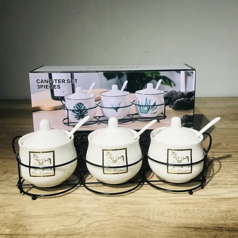 3Pcs Ceramic Seasoning Jar Set With Spoon And Rack Salt Pepper Spice Container Pot Kitchen Storage Canister Home Gift Decor