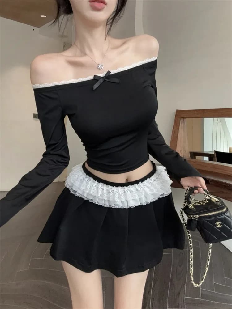 Set Top T-Shirt Monospalla con Nodo e Gonna Corta Plissettata a Vita Alta, Stile Coreano, Manica Lunga in Pizzo, Outfit Primaverile