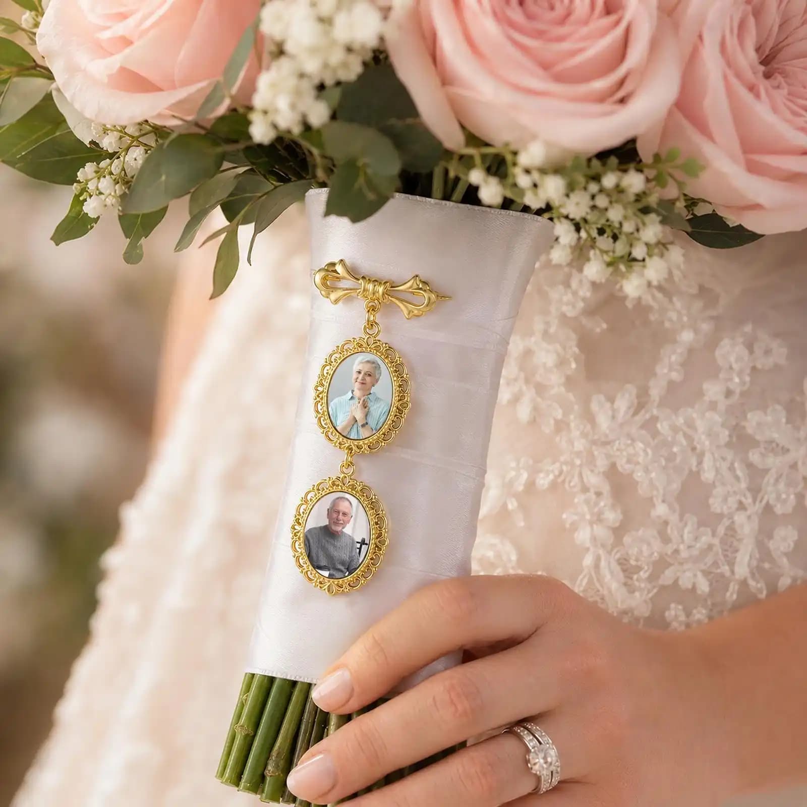 Custom Photo Bridal Bouquet Charm Brooch, Memorial Picture Frame Pin Wedding Keepsake