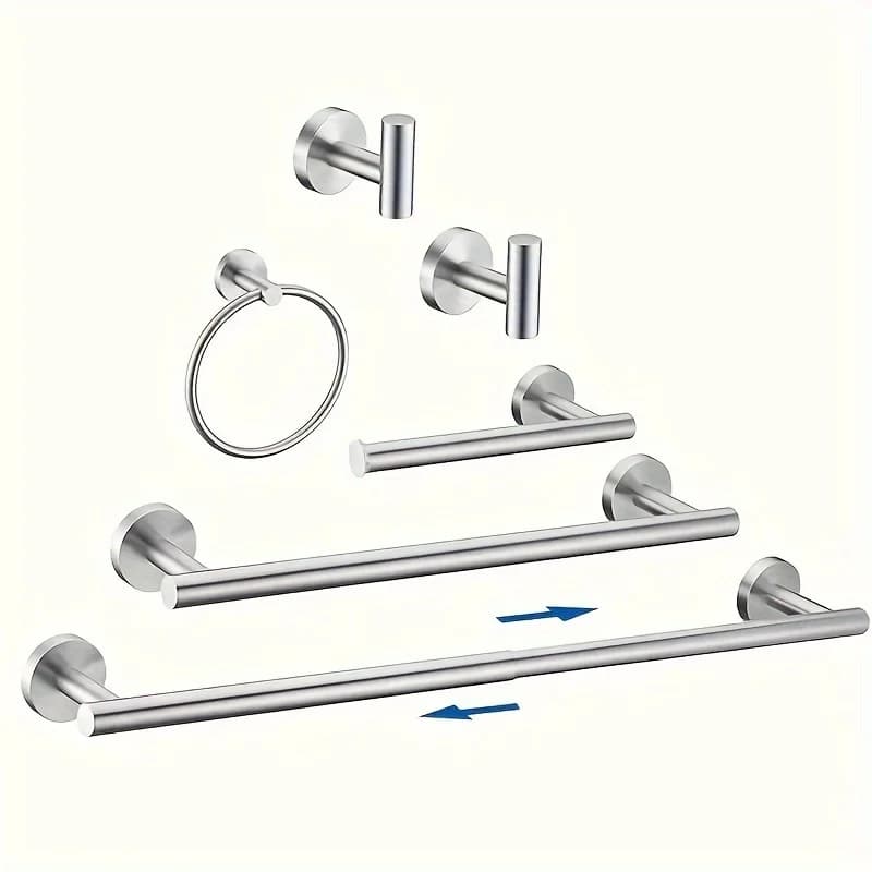 6-Piece Brushed Nickel Bathroom Hardware Set – Adjustable Towel Bar, 16-Inch Towel Bar, Towel Ring, Toilet Paper Holder, and Two Robe Hooks – Wall-Mounted Modern Fixture Collection for Bathrooms