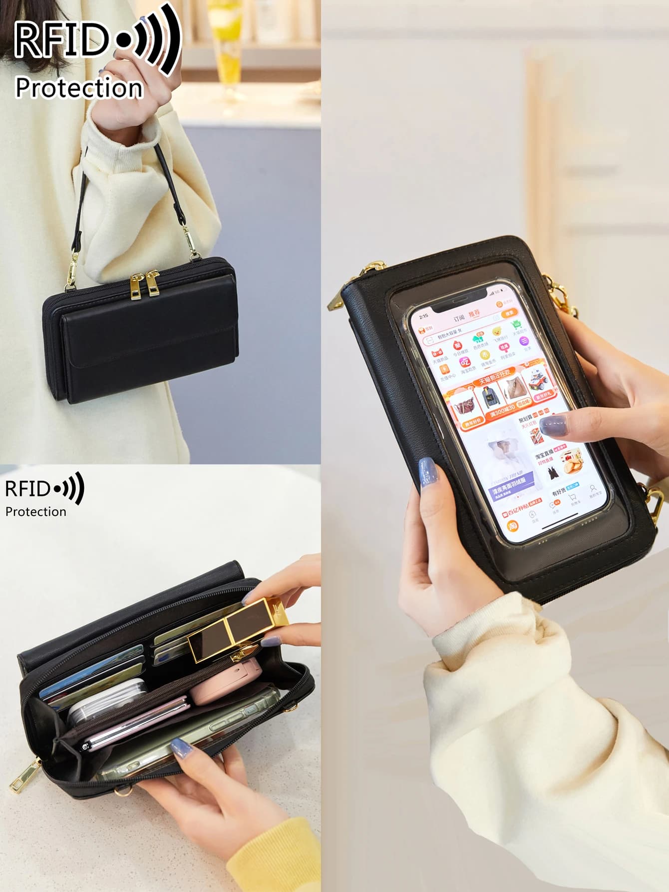 Nuova borsa da donna alla moda RFID con borsa per telefono touchscreen Borsa multifunzionale con tracolla a tracolla in PU, borsa, portamonete