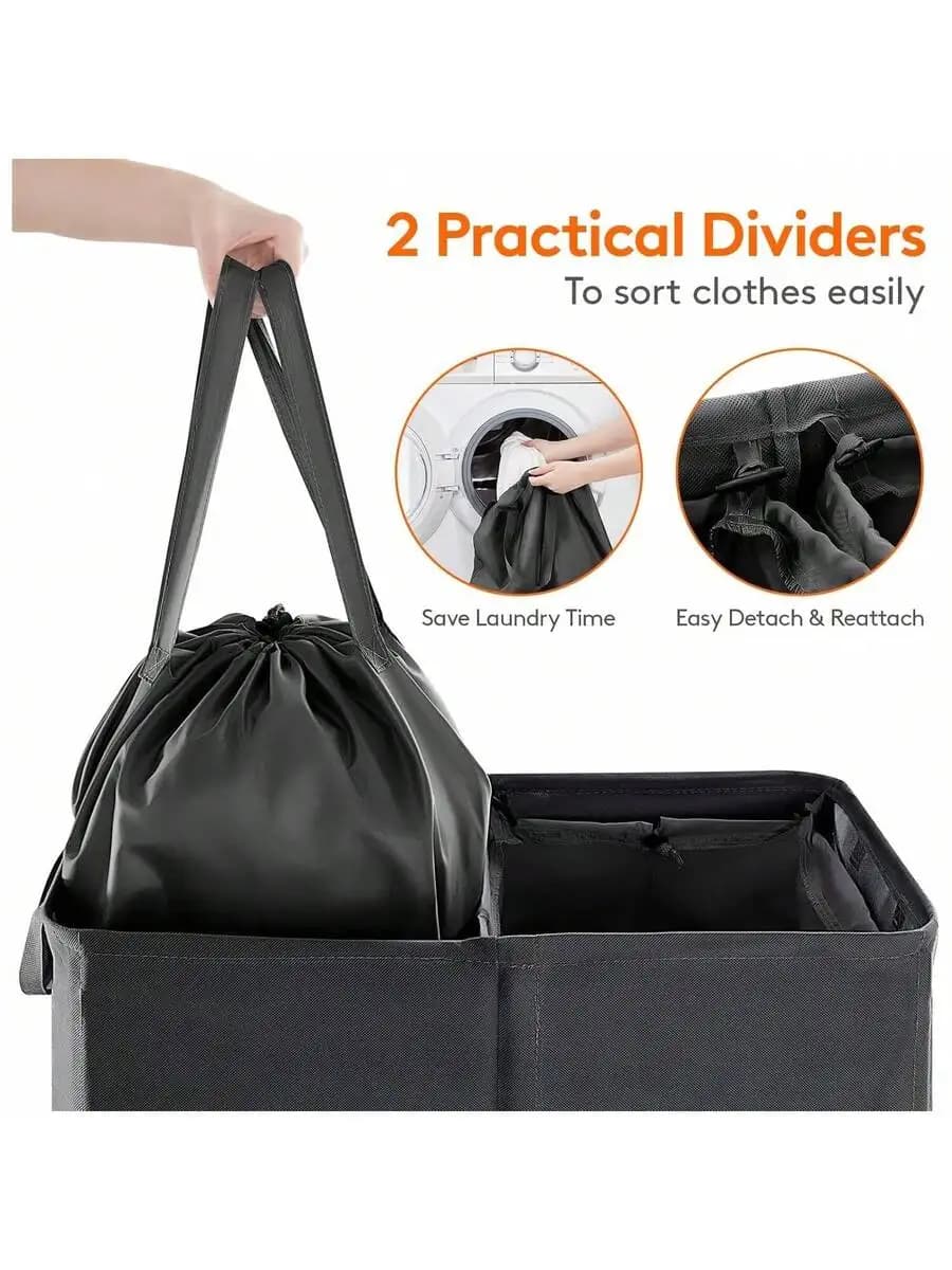105L Double Laundry Hamper With Lid And Removable Bags, Divided Sorting Basket With Handles