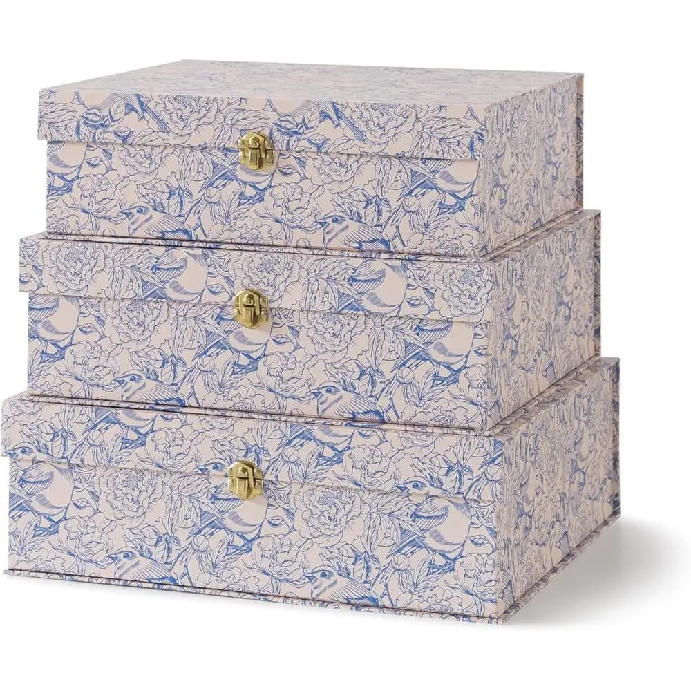 Set of 3 blue and white floral decorative boxes with golden hardware for the house, style Aviary Garden
