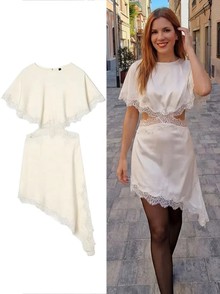 HH Lace Dress For Women Summer Casual Asymmetrical Hem Hollow Out Waist Short Sleeve Midi Dresses Trend High Street Wear